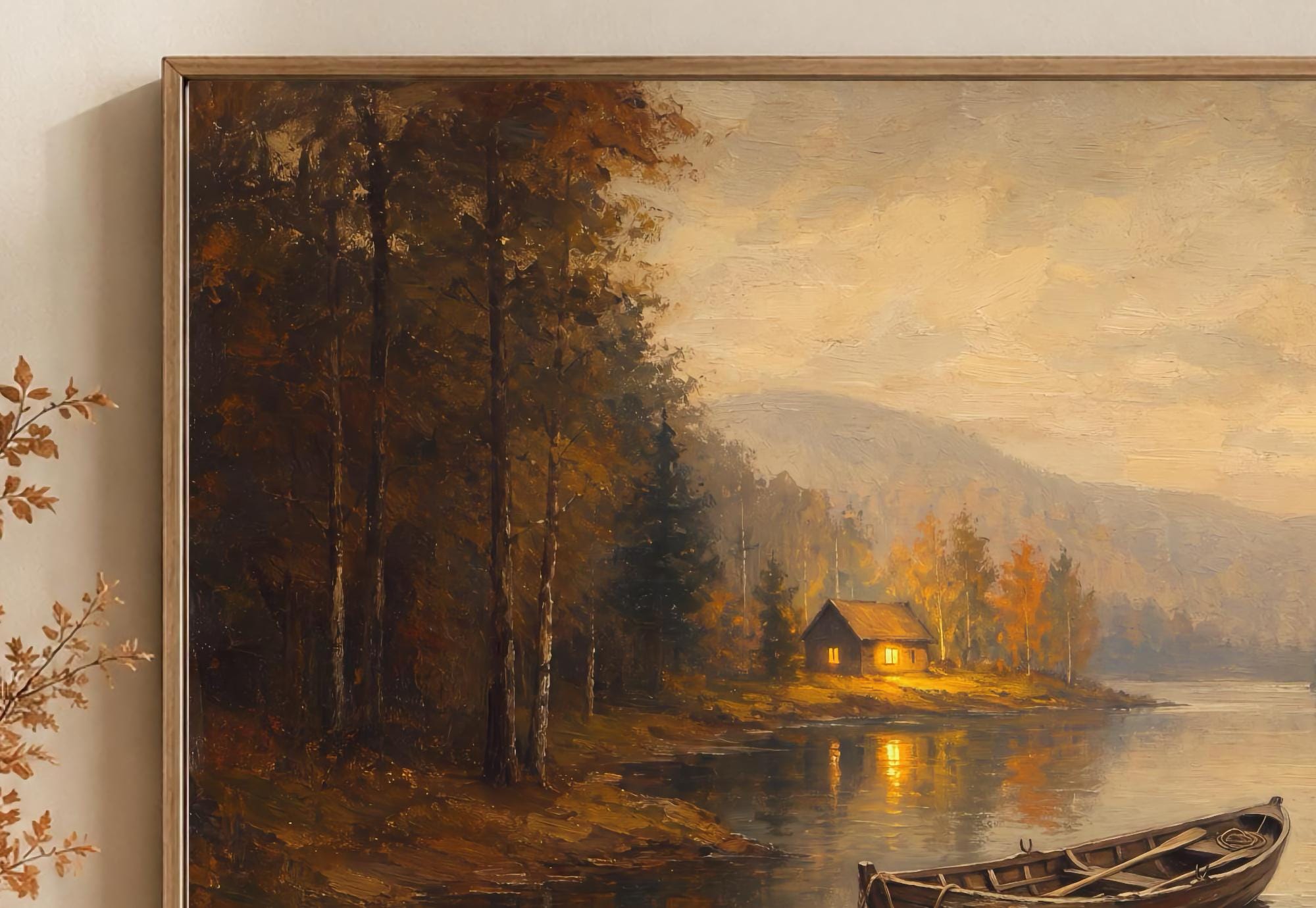 Fall Lake House Wall Art | Moody Vintage Boat Landscape Print | Rustic Printable Digital Download — image 2