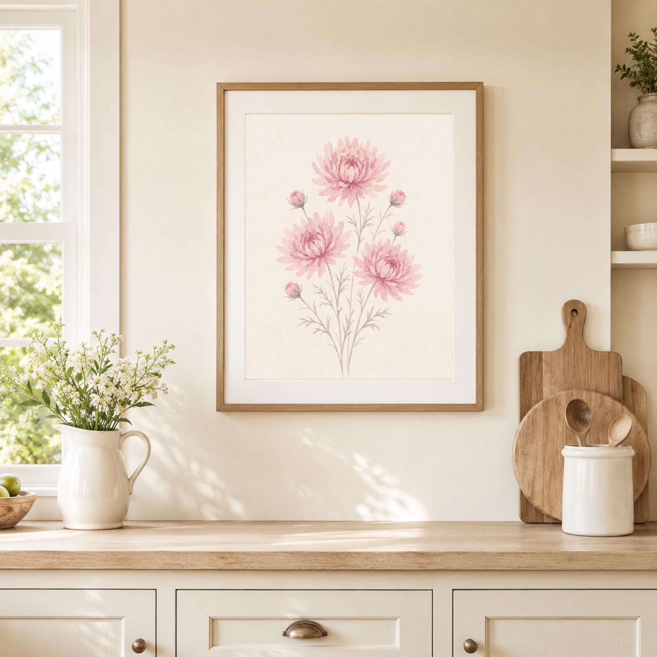 November Birth Flower Print | Chrysanthemum Printable Wall Art | Pink Botanical Gift Digital Download — image 4