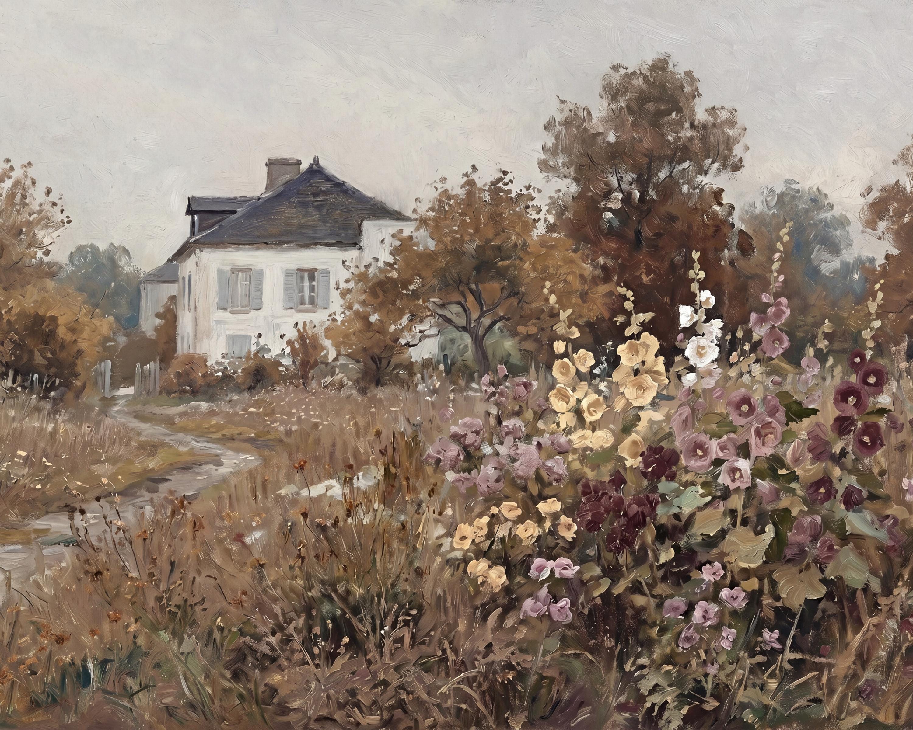 Vintage Fall Cottage Garden Wall Art, Moody Autumn, Garden path Painting (Digital Download) — image 2