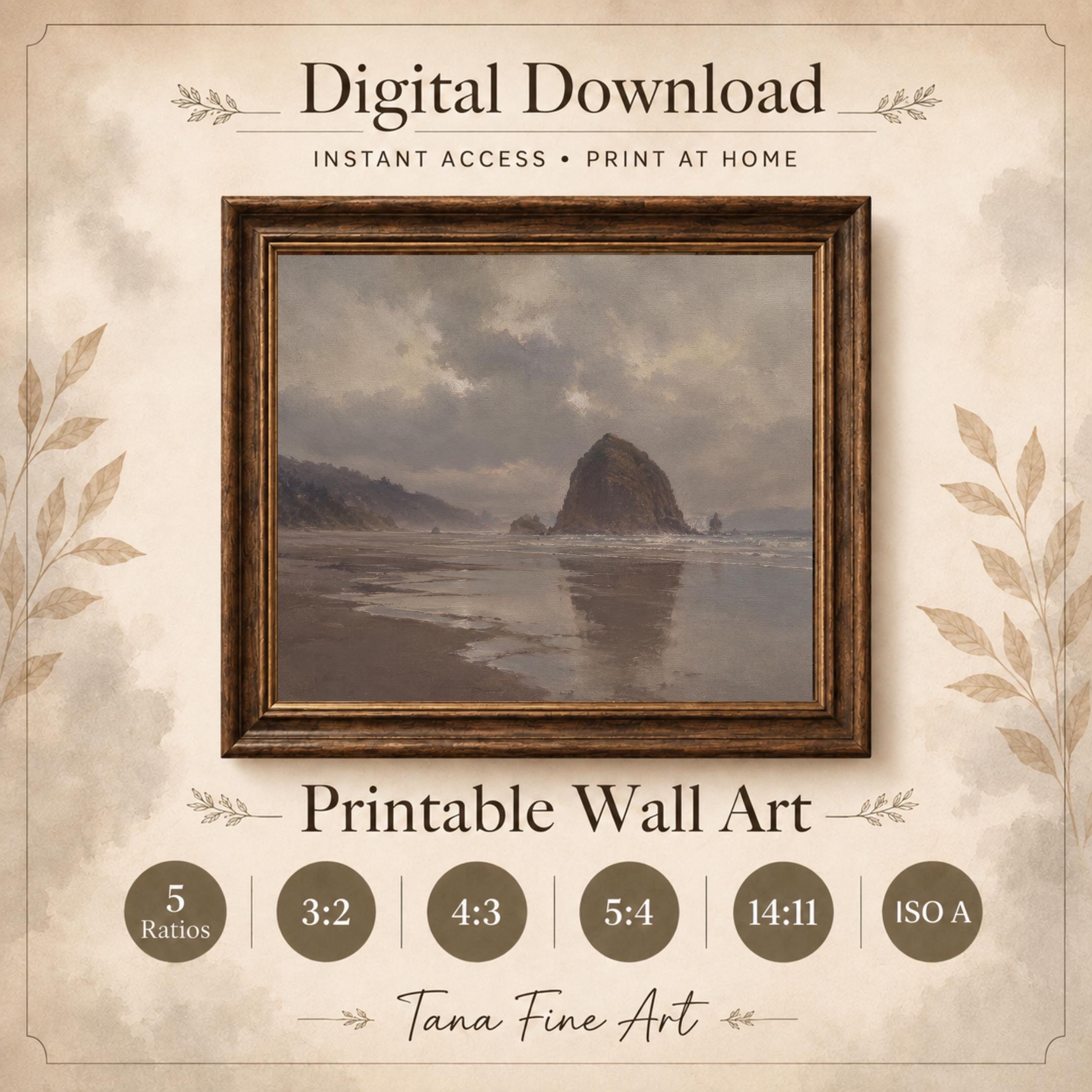 Coastal Landscape Wall Art | Cannon Beach Inspired Print | Moody Vintage Seascape Digital Download — image 8