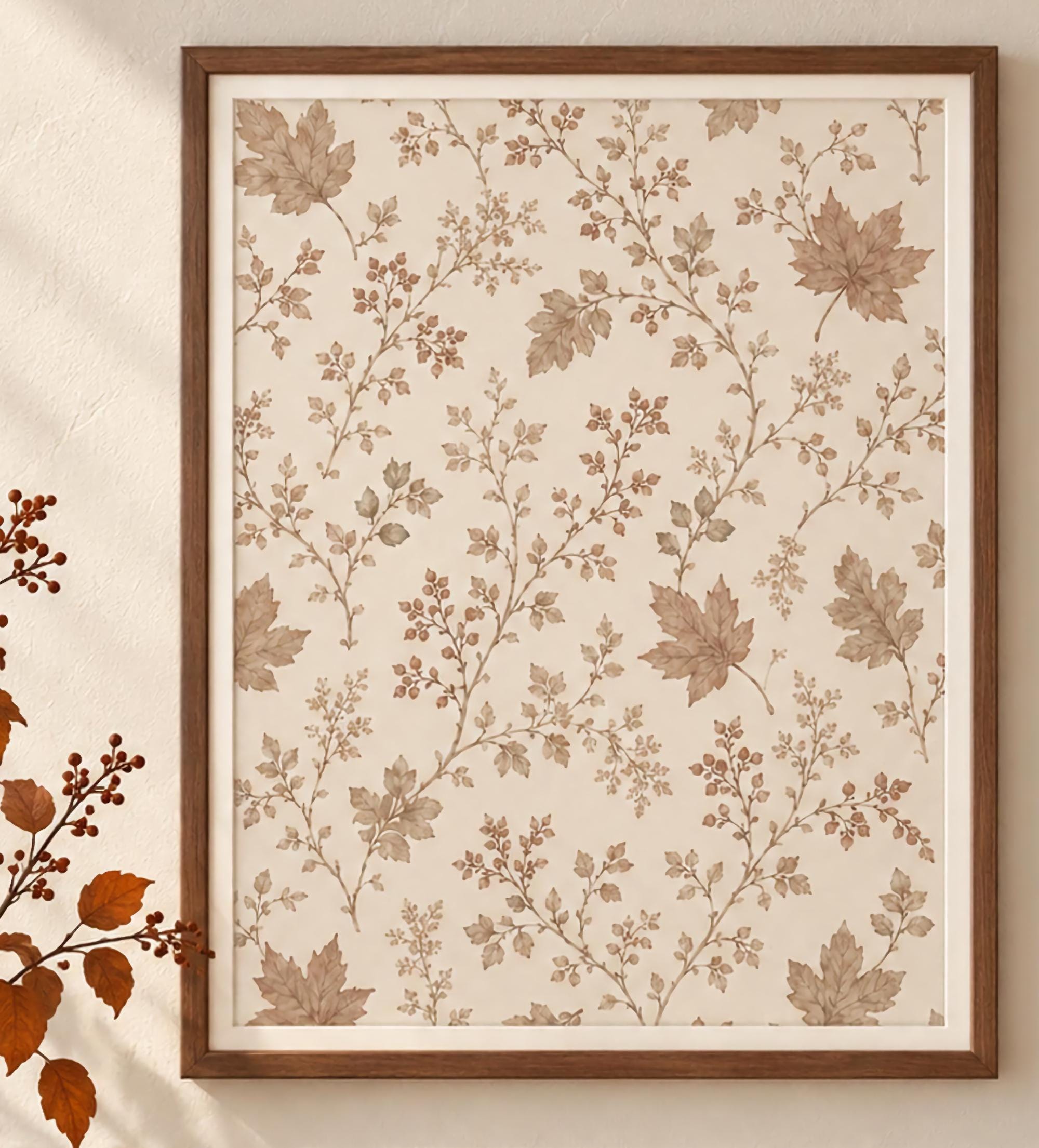 Fall Botanical Pattern Wall Art | Autumn Leaf Print | Neutral Cottage Decor Printable Digital Download — image 2