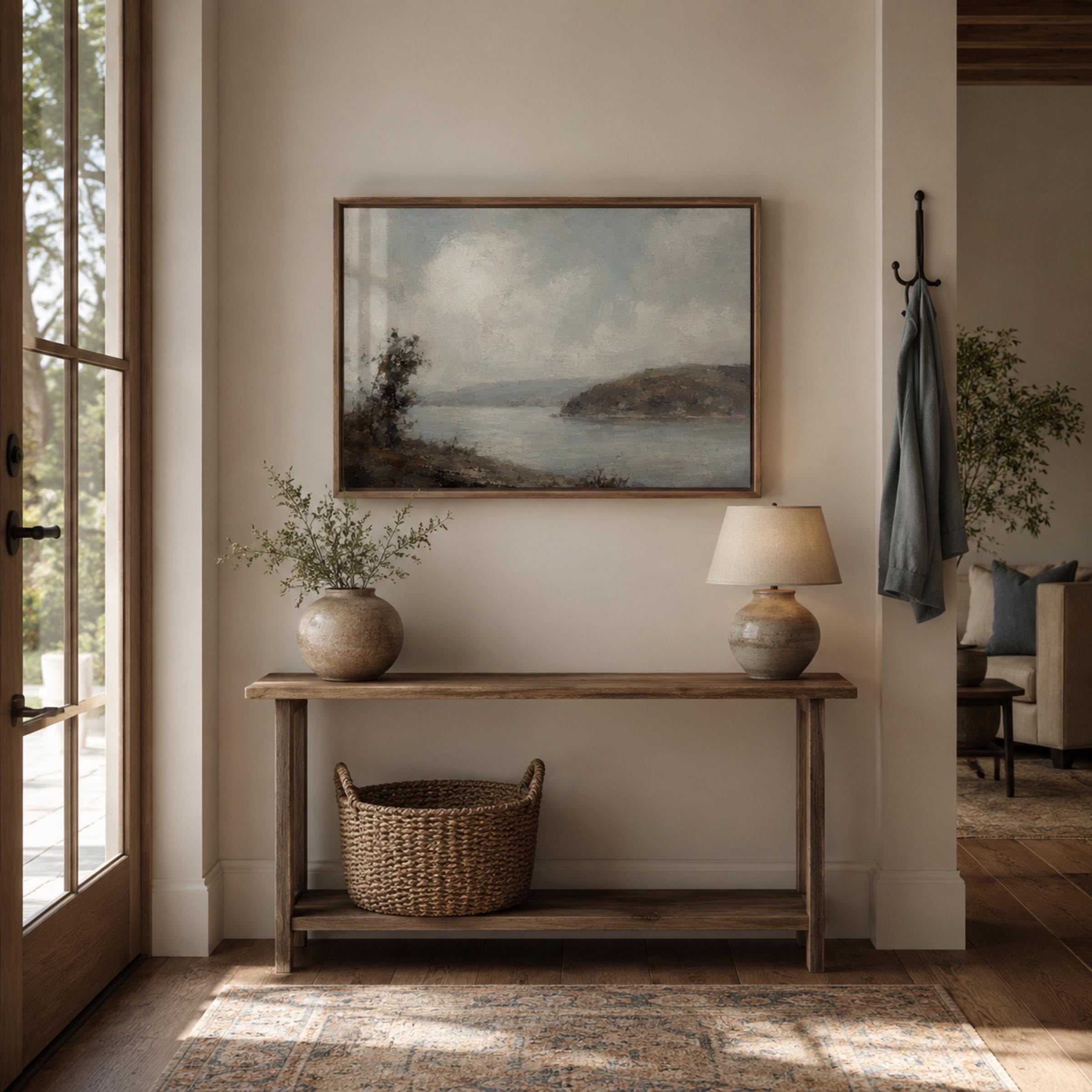 Vintage Lake Landscape Wall Art | Rustic Coastal Nature Print | Moody Painting Digital Download — image 2