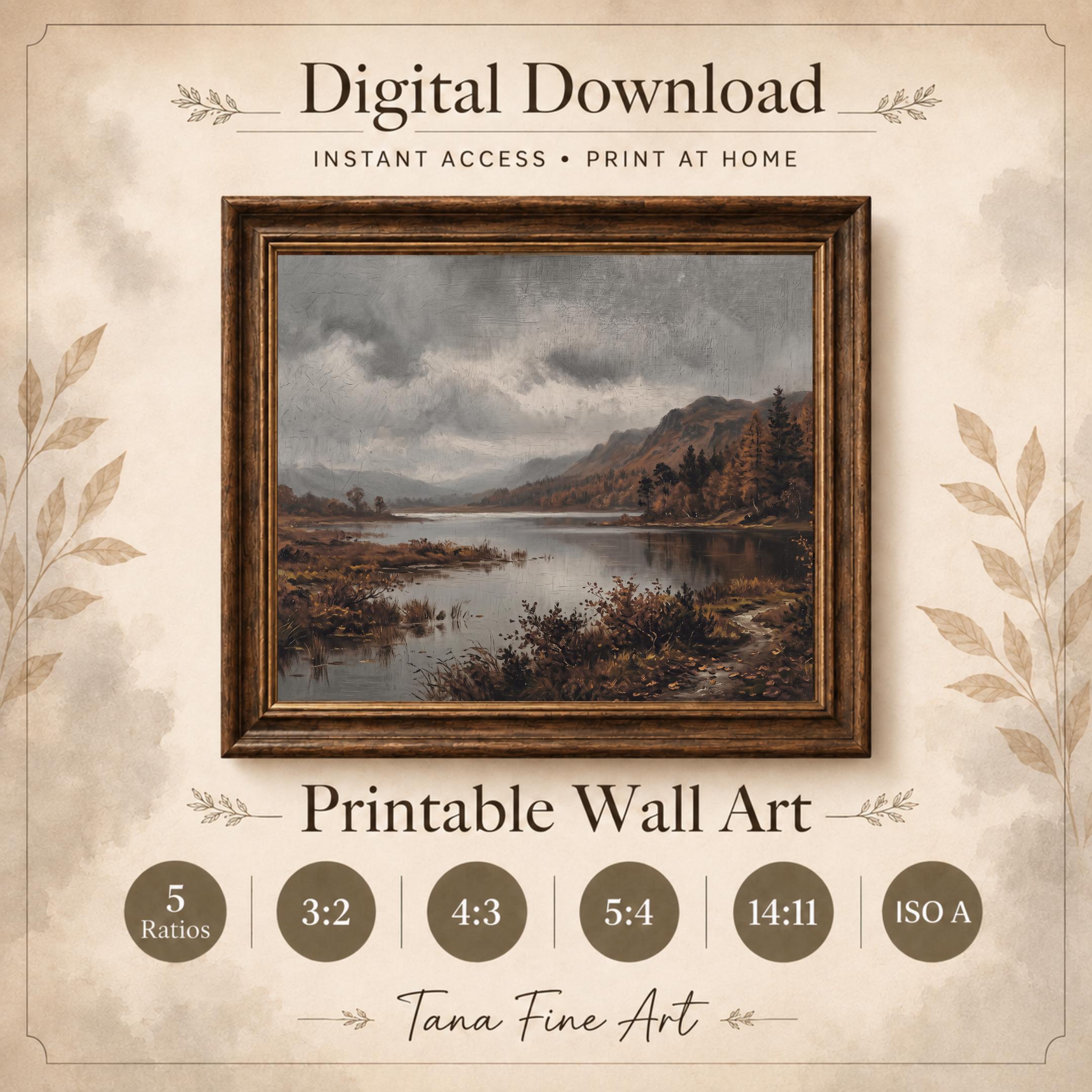 Autumn Lake Wall Art | Lake District Inspired Print | Moody Vintage Landscape Digital Download — image 8