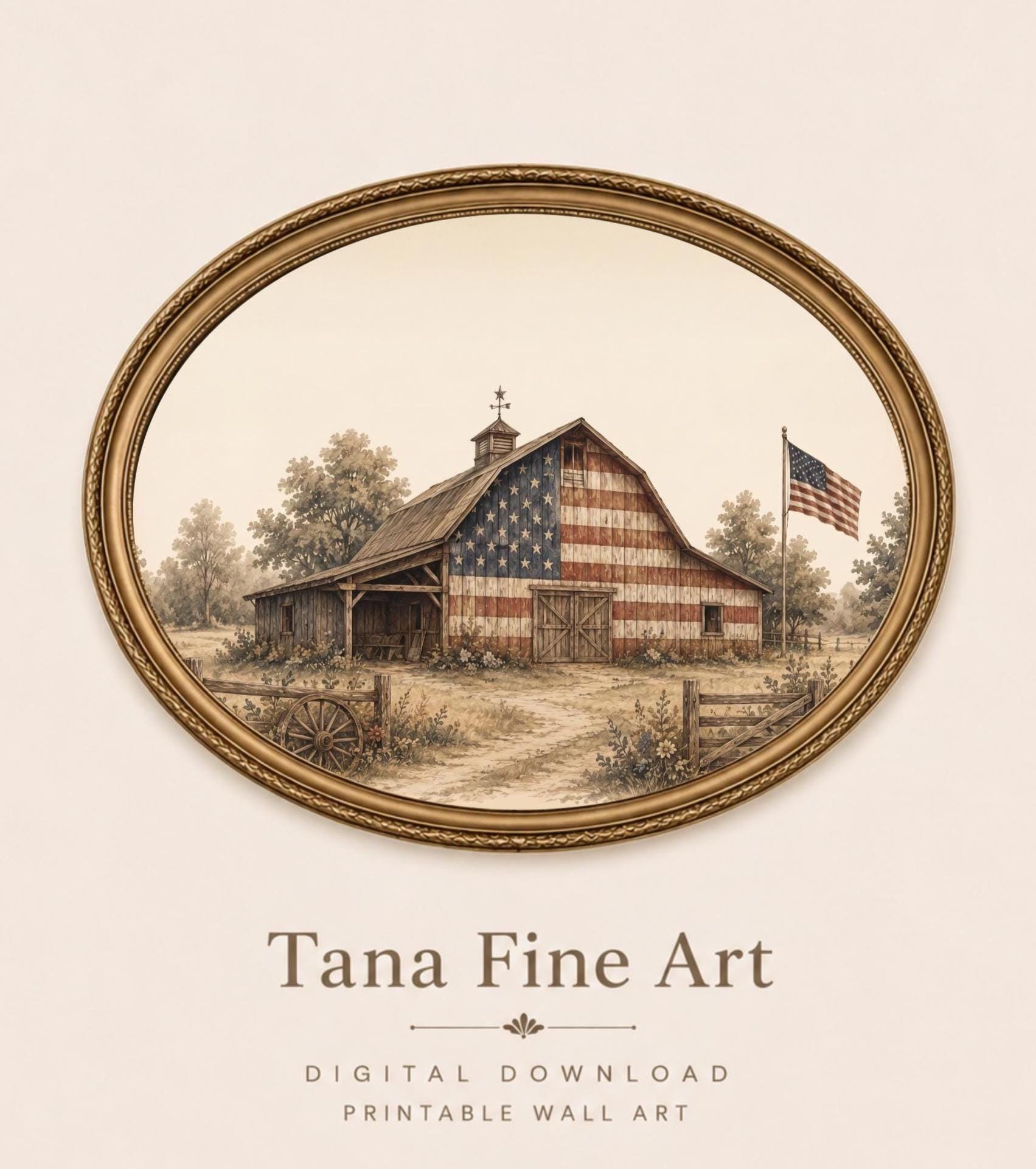 Vintage Patriotic Wall Art Set, Eagle, Flag, Floral Barn Prints (Digital Download) — image 6