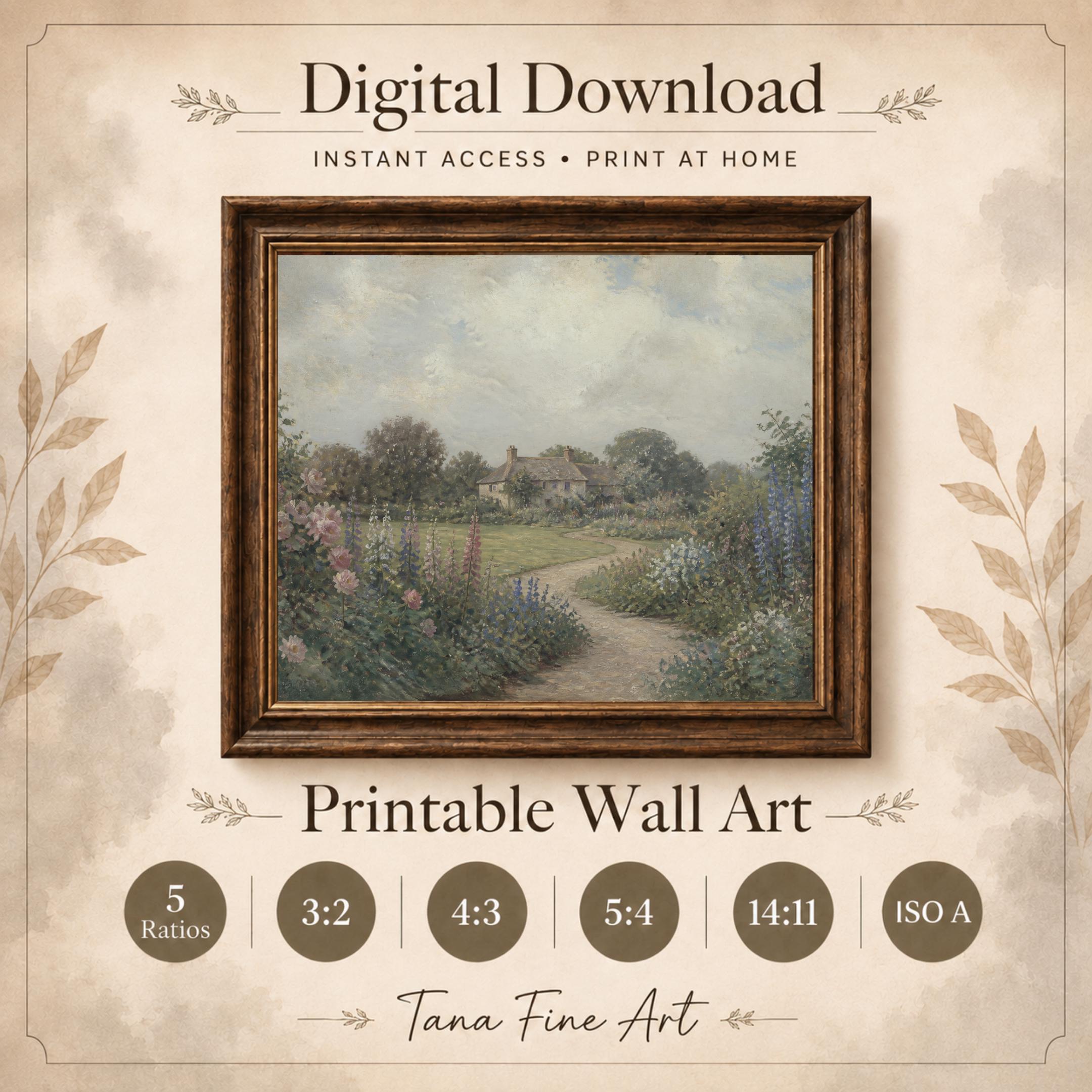 English Cottage Garden Printable Wall Art, Vintage Flower Path Landscape, Romantic Grandmillennial Digital Download — image 9