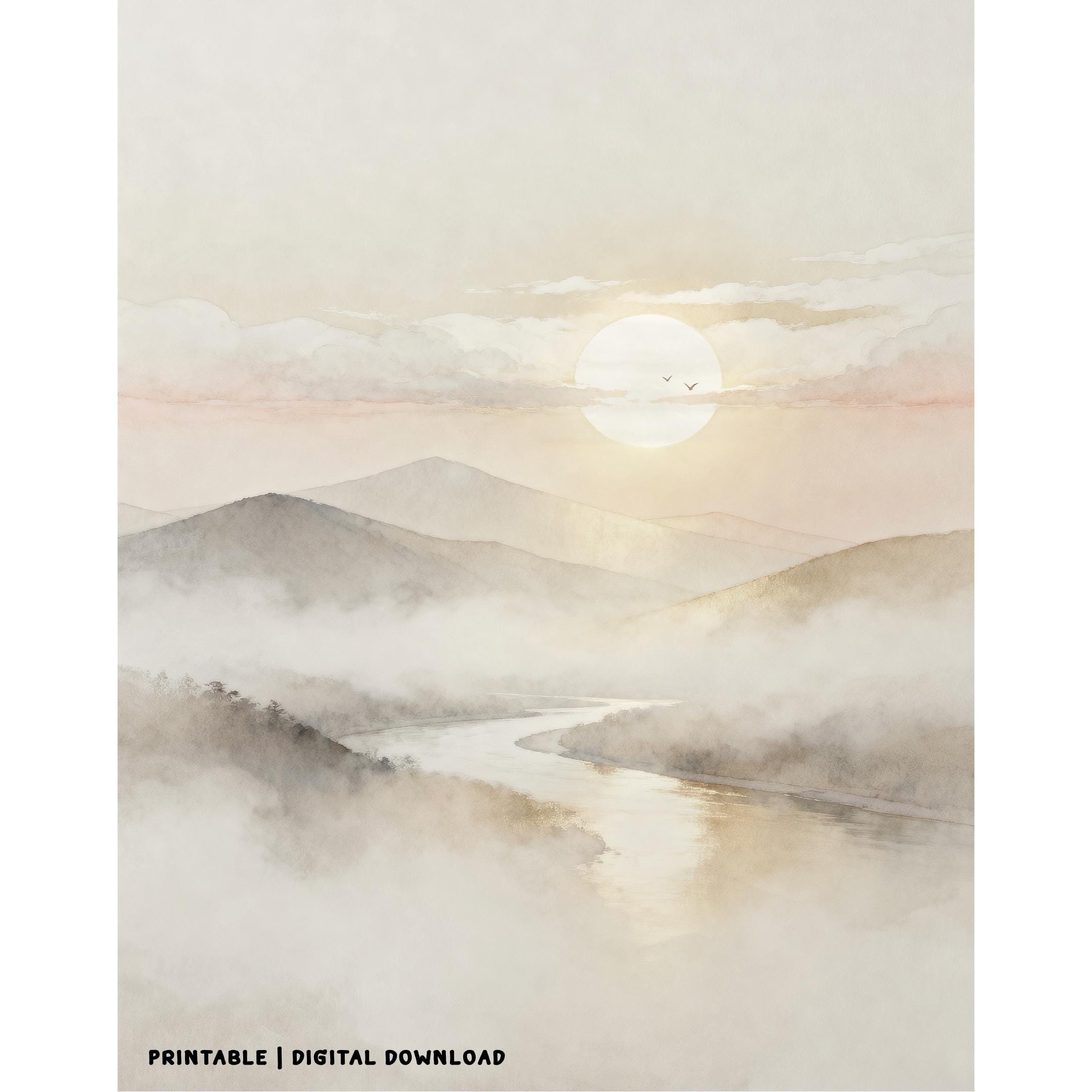 Neutral Mountain River Printable Wall Art, Misty Watercolor Landscape, Japandi Decor Digital Download — image 2