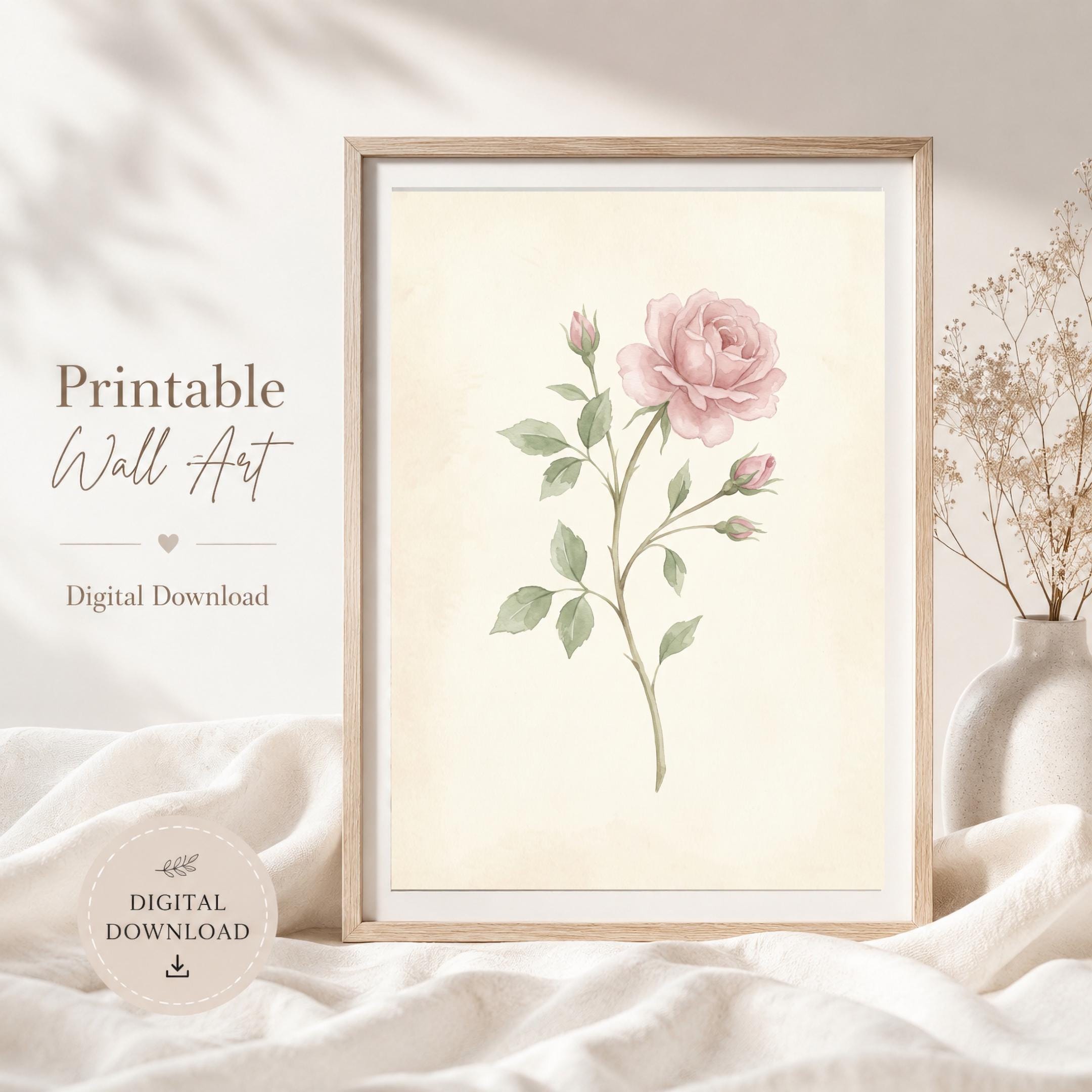June Birth Flower Wall Art, Nursery Pink Rose Botanical , Watercolor Floral Decor (Digital Download) — image 5