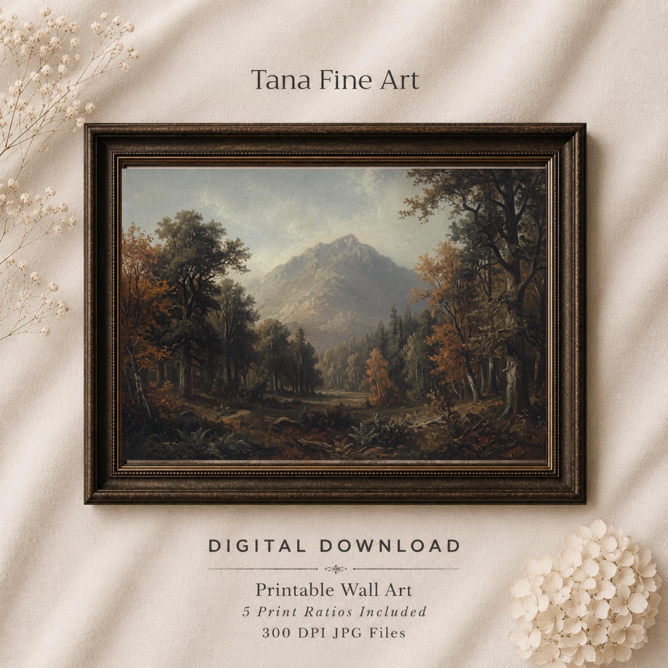 Moody Mountain Wall Art | Forest Landscape Print | Vintage Nature Digital Download