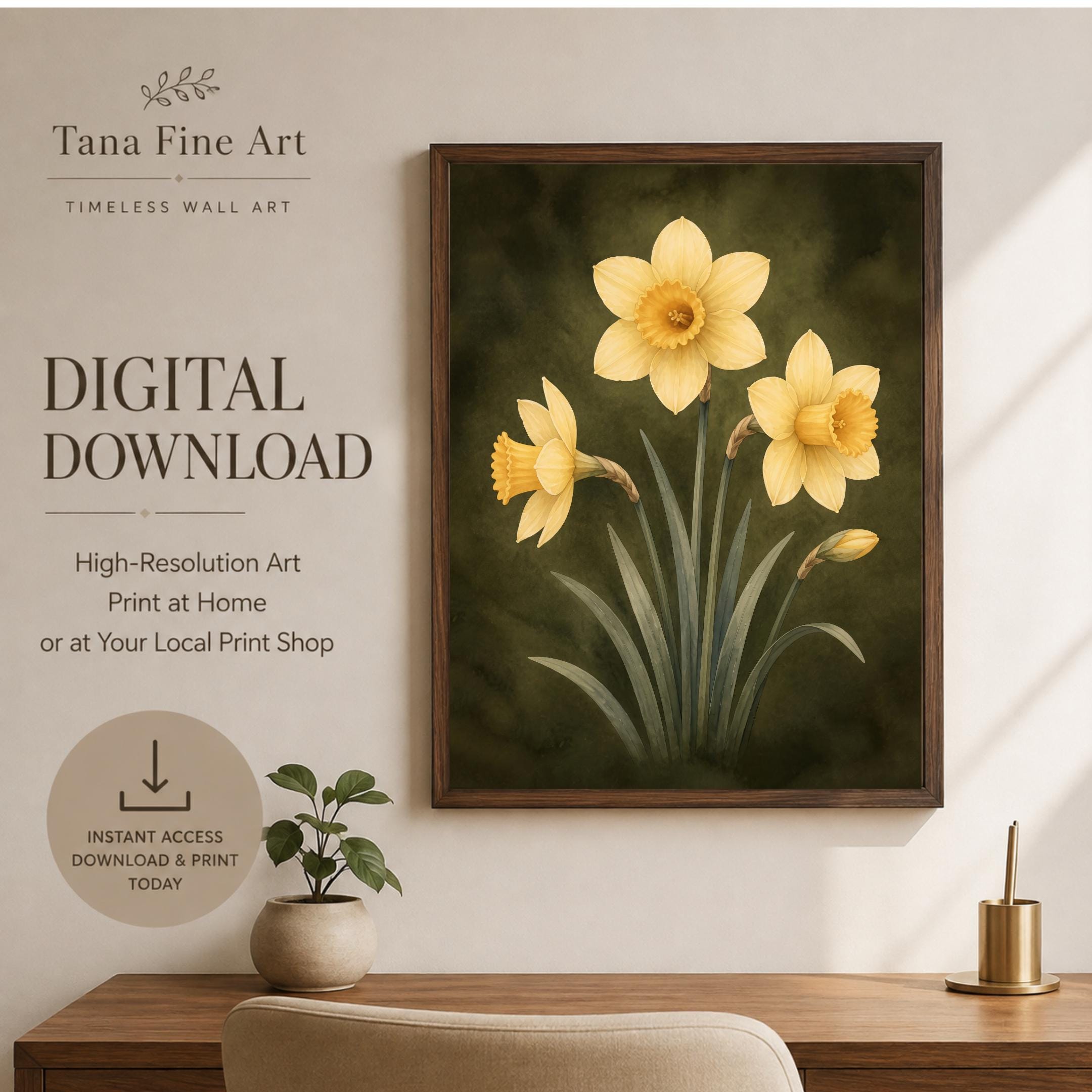 Moody March Birth Flower Print | Daffodil Wall Art | Vintage Botanical Digital Download — image 5