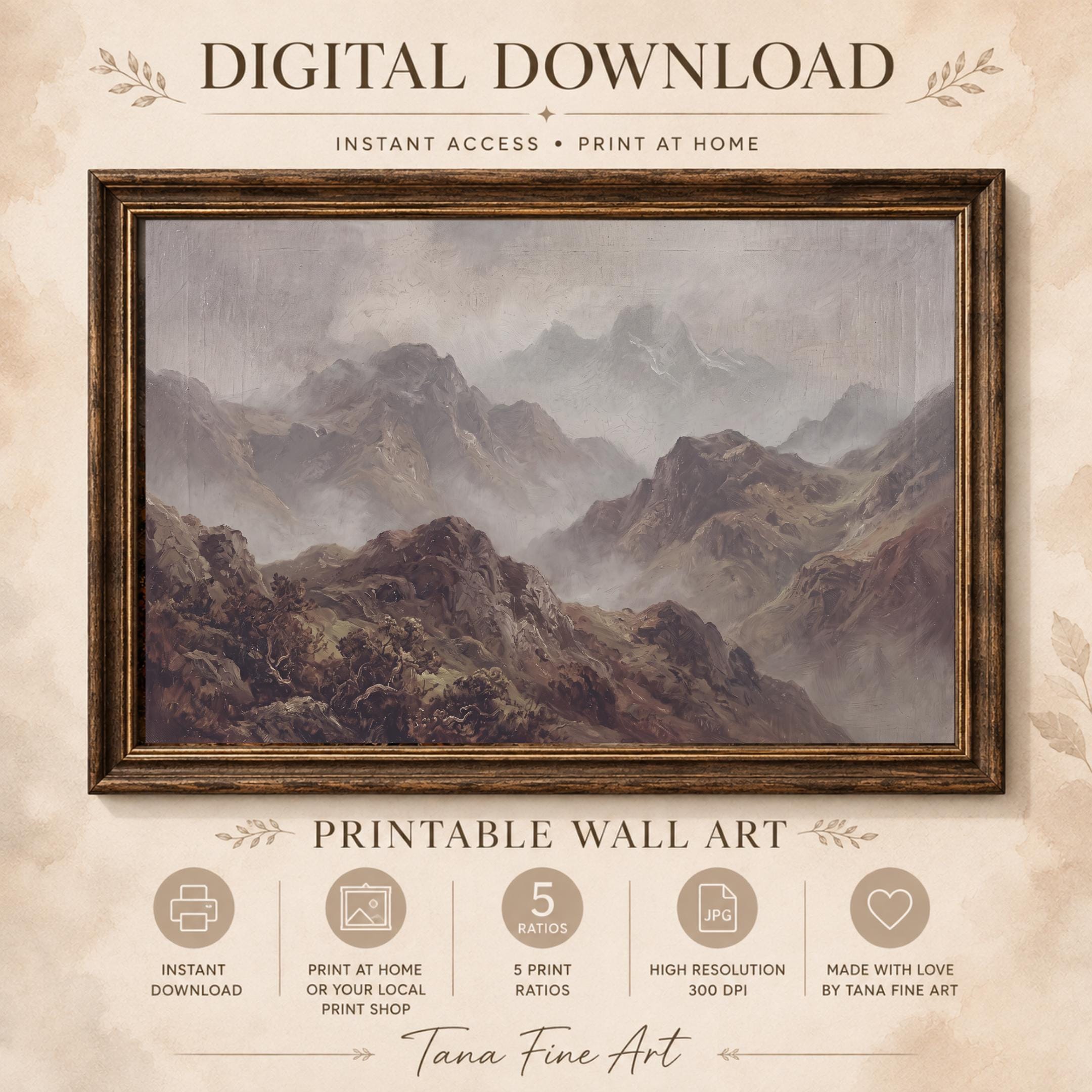 Rustic Mountain Wall Art, Vintage Misty Alpine Landscape, Earthy Wilderness Home Decor, Digital Download — image 7
