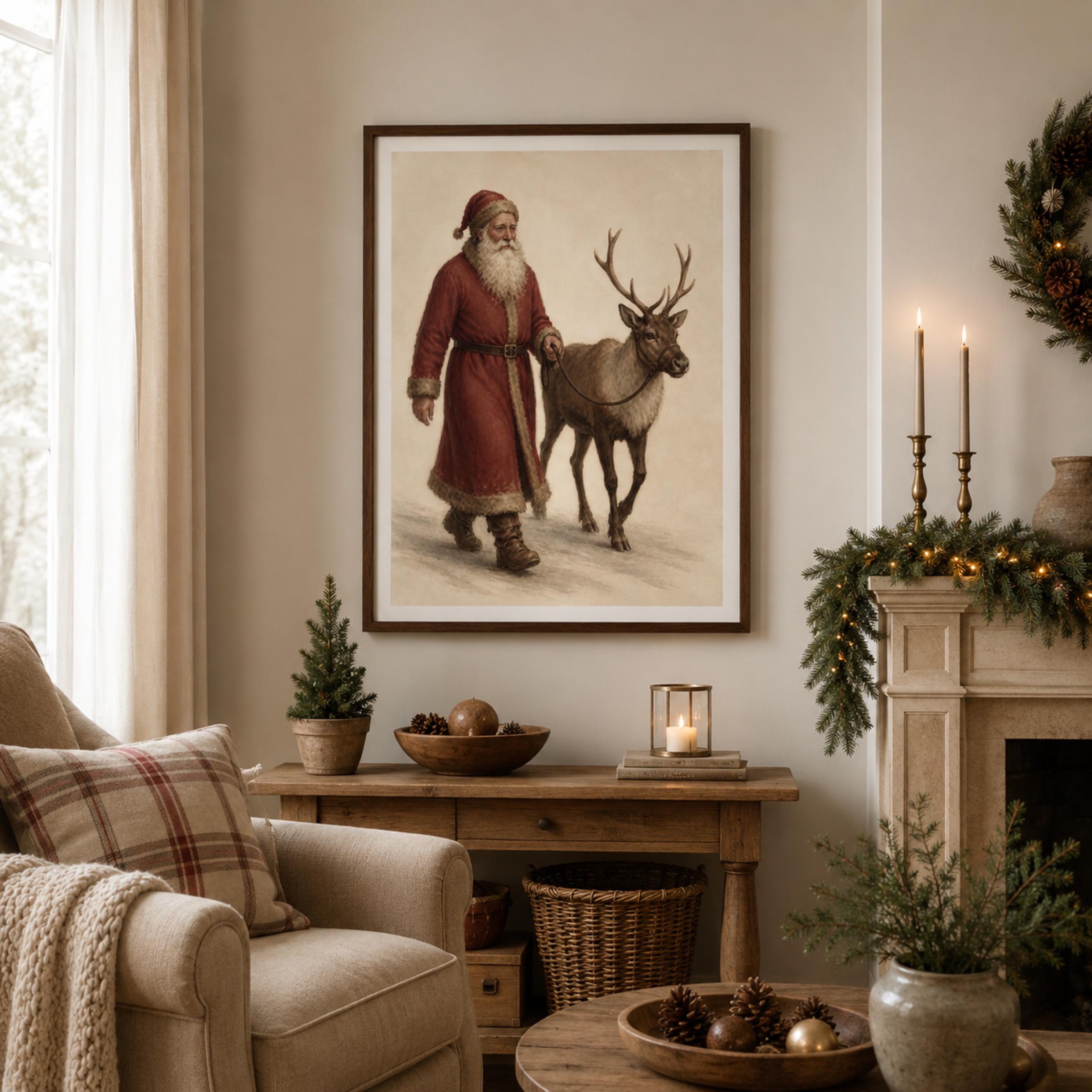 Vintage Santa and Reindeer Printable Wall Art, Old World Christmas Digital Download — image 3
