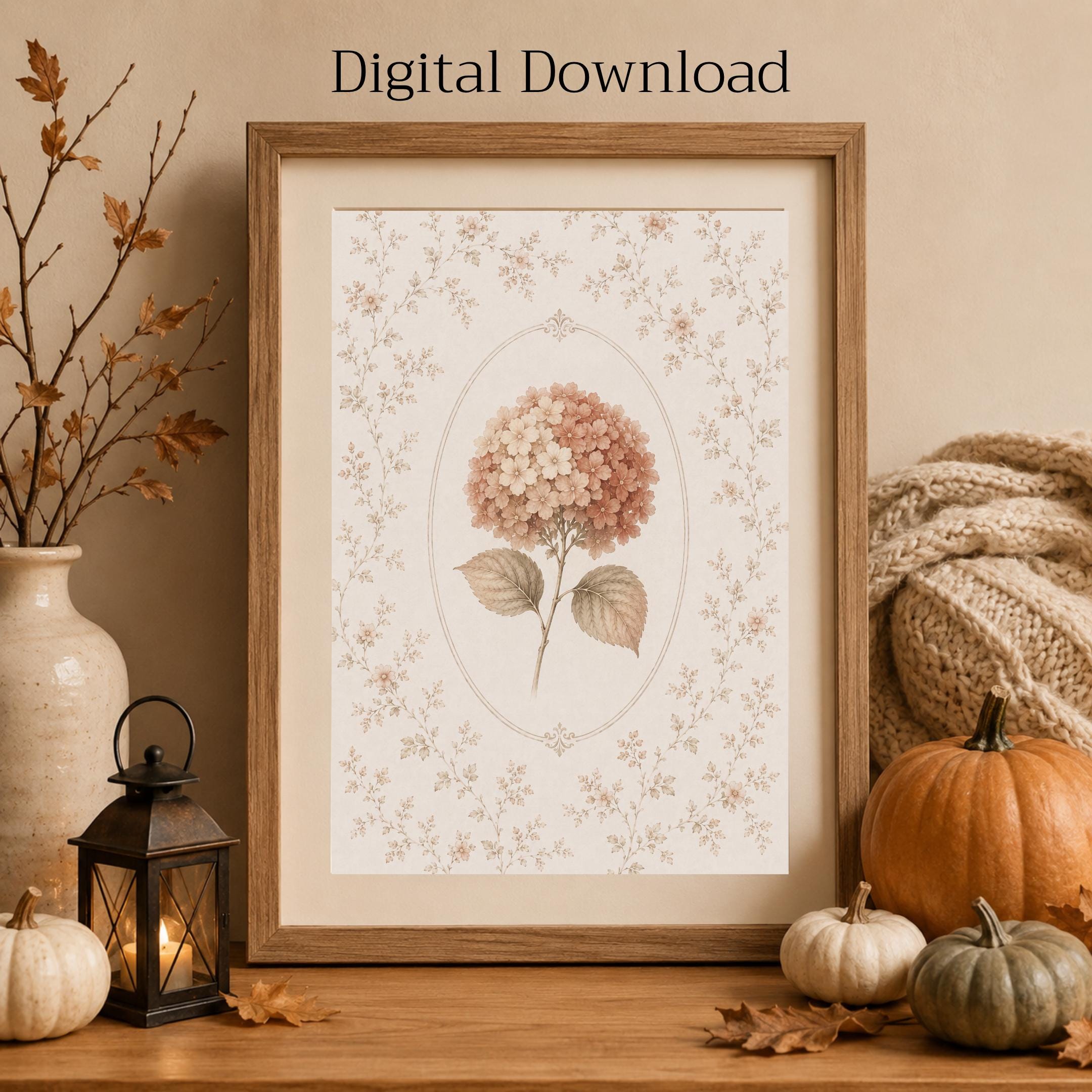 Hydrangea Printable Wall Art | Peach Floral Botanical Print | Vintage Autumn Cottage Decor Digital Download