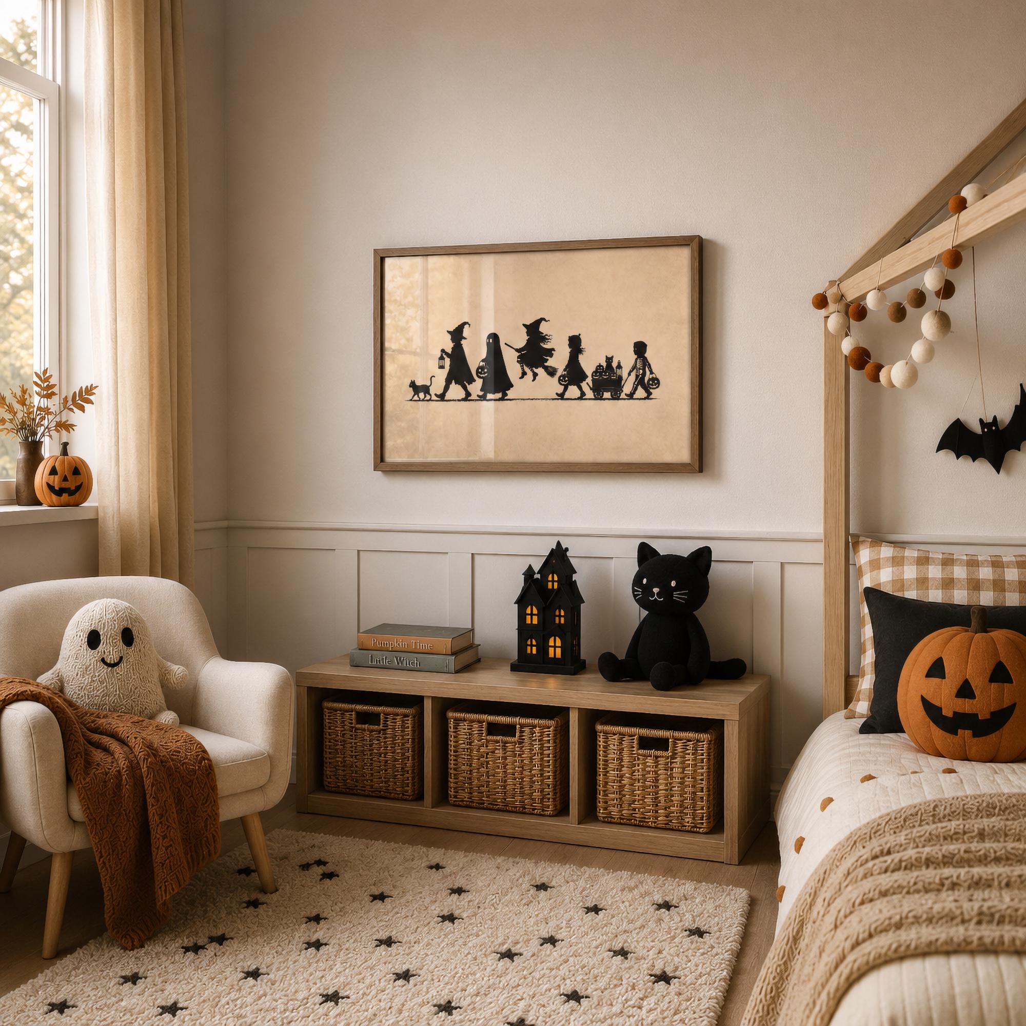 Halloween Trick or Treat Wall Art, Silhouette Print, Vintage Kids Halloween Digital Download — image 6