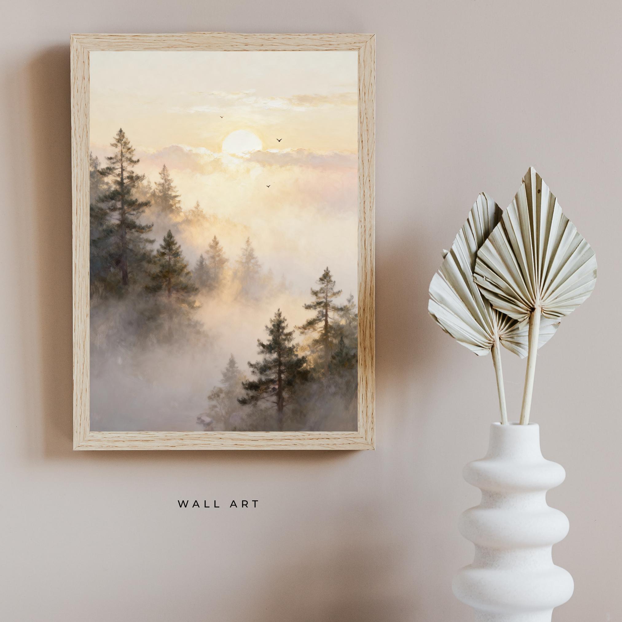Misty Forest Printable Wall Art, Golden Sun Pine Trees, Neutral Decor Digital Download — image 4