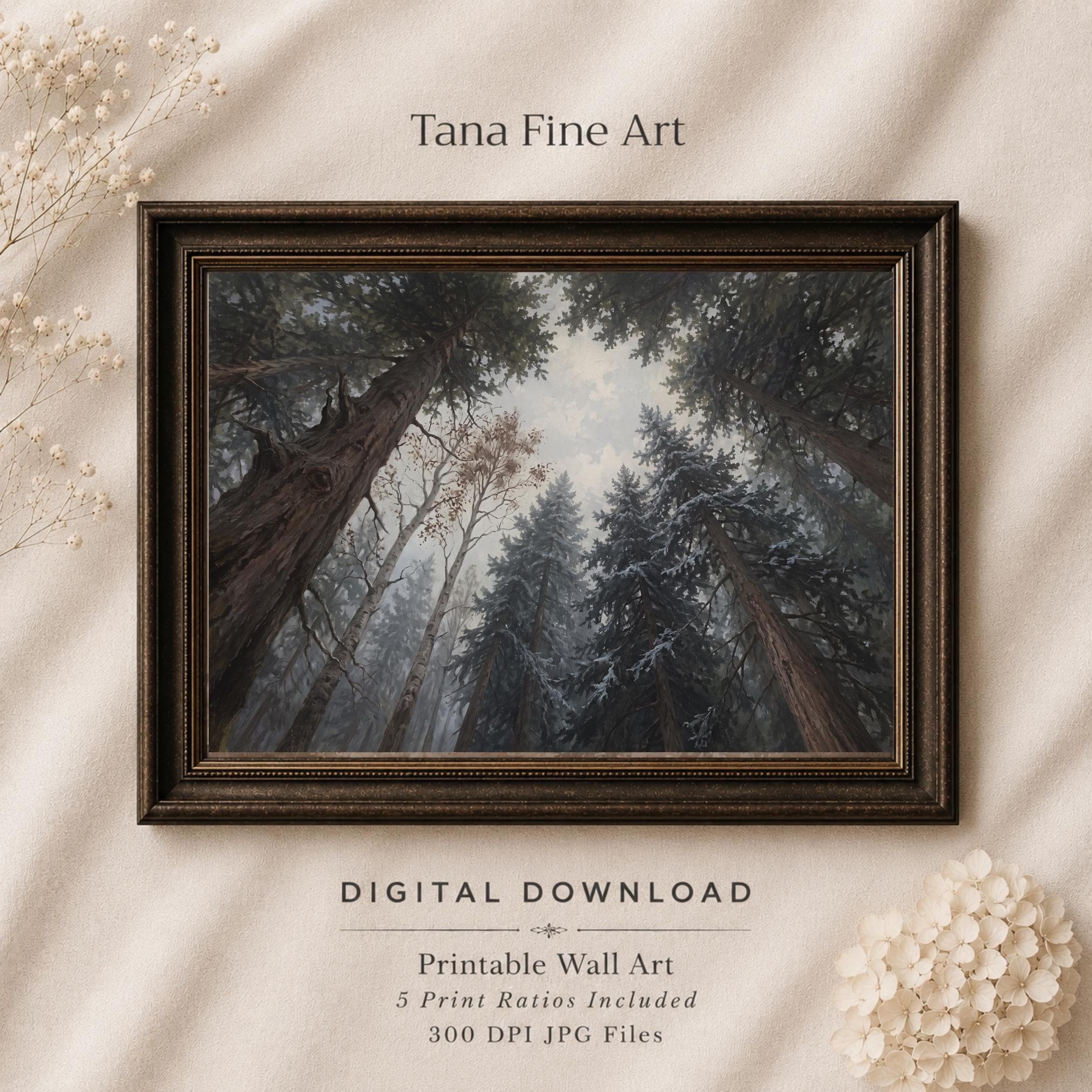 Snowy Pine Forest Canopy Wall Art, Moody Woodland Landscape, Rustic Cabin Decor Digital Download