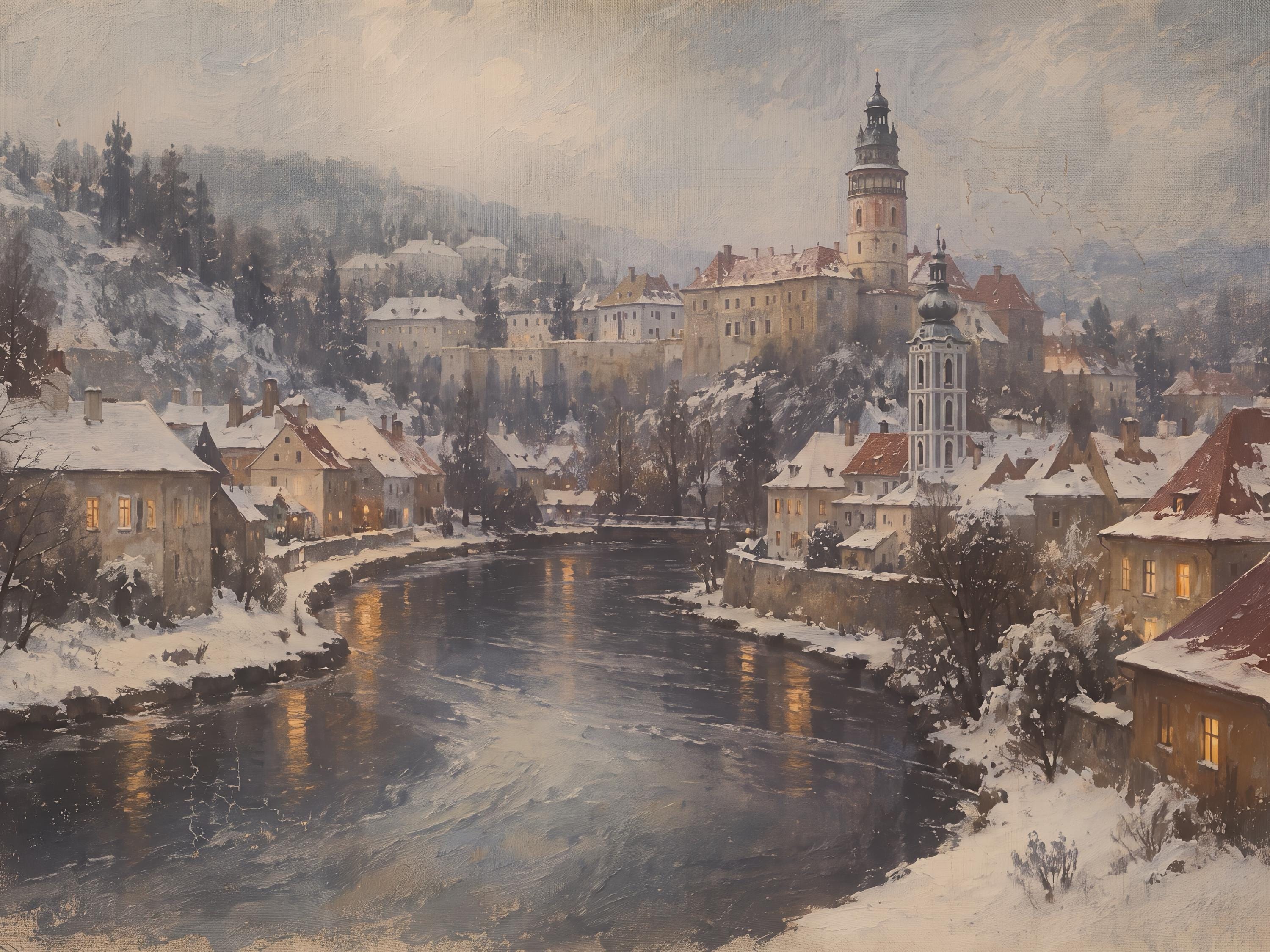 Winter River in a Czech-Inspired Town — image 2