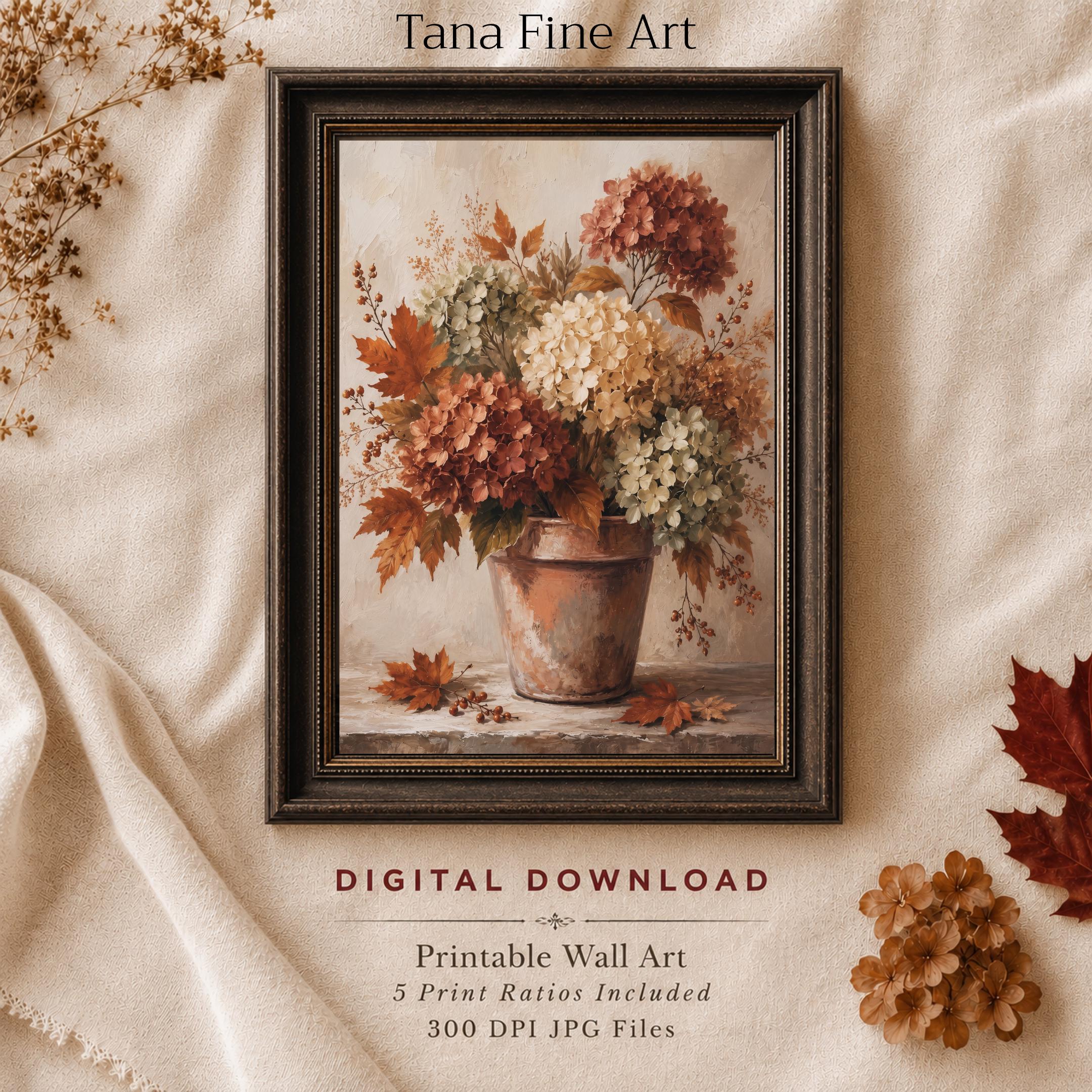 Fall Hydrangea Wall Art, Autumn Floral Pot Farmhouse Print, Rustic Cottage Flower (Digital Download)