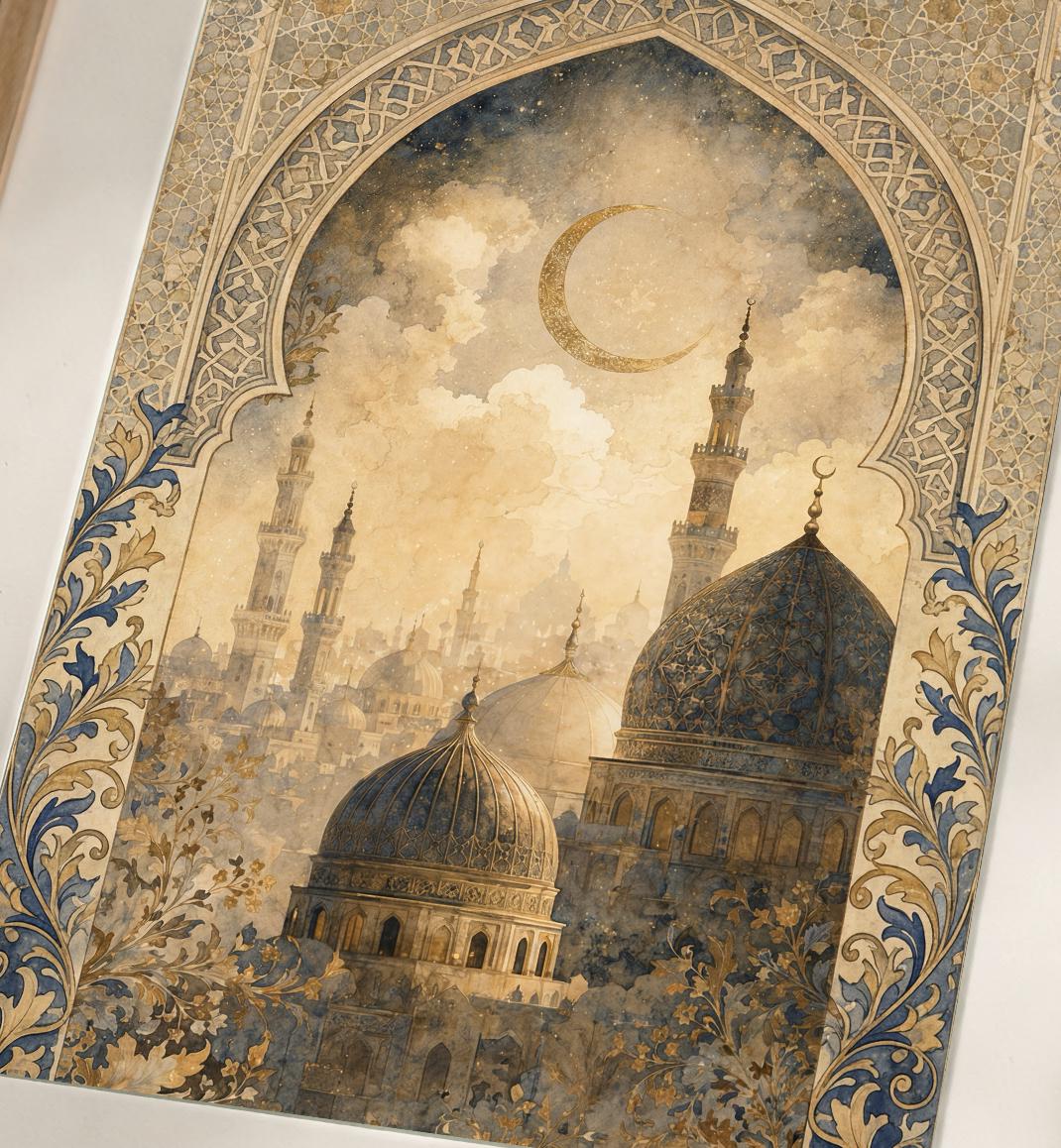 Islamic Architecture Printable Wall Art, Blue Gold Mosque and Crescent Moon Digital Download — image 2