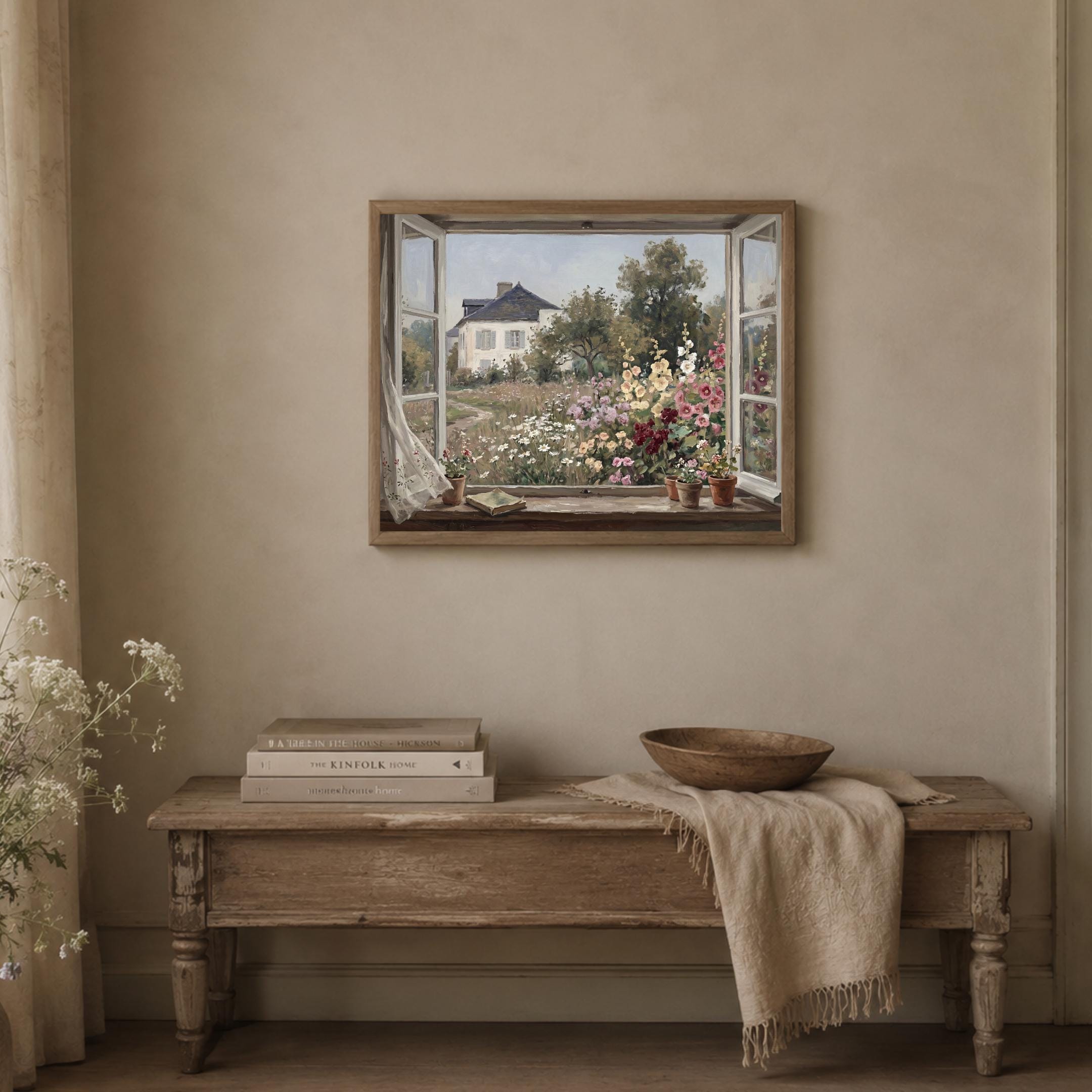 Cottage Window View Wall Art, Garden Floral Landscape, Vintage Painting Farmhouse Decor (Digital Download) — image 4