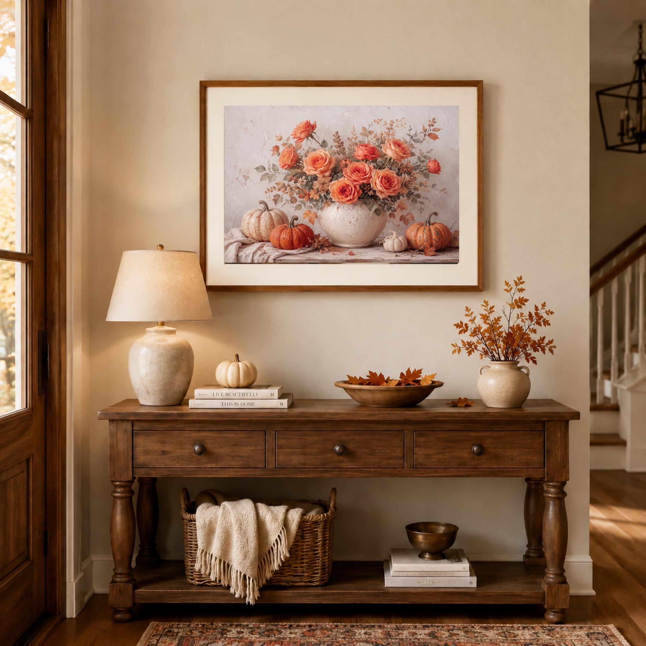 Autumn Rose Pumpkin Wall Art, Vintage Floral Still Life Printable Digital Download — image 6
