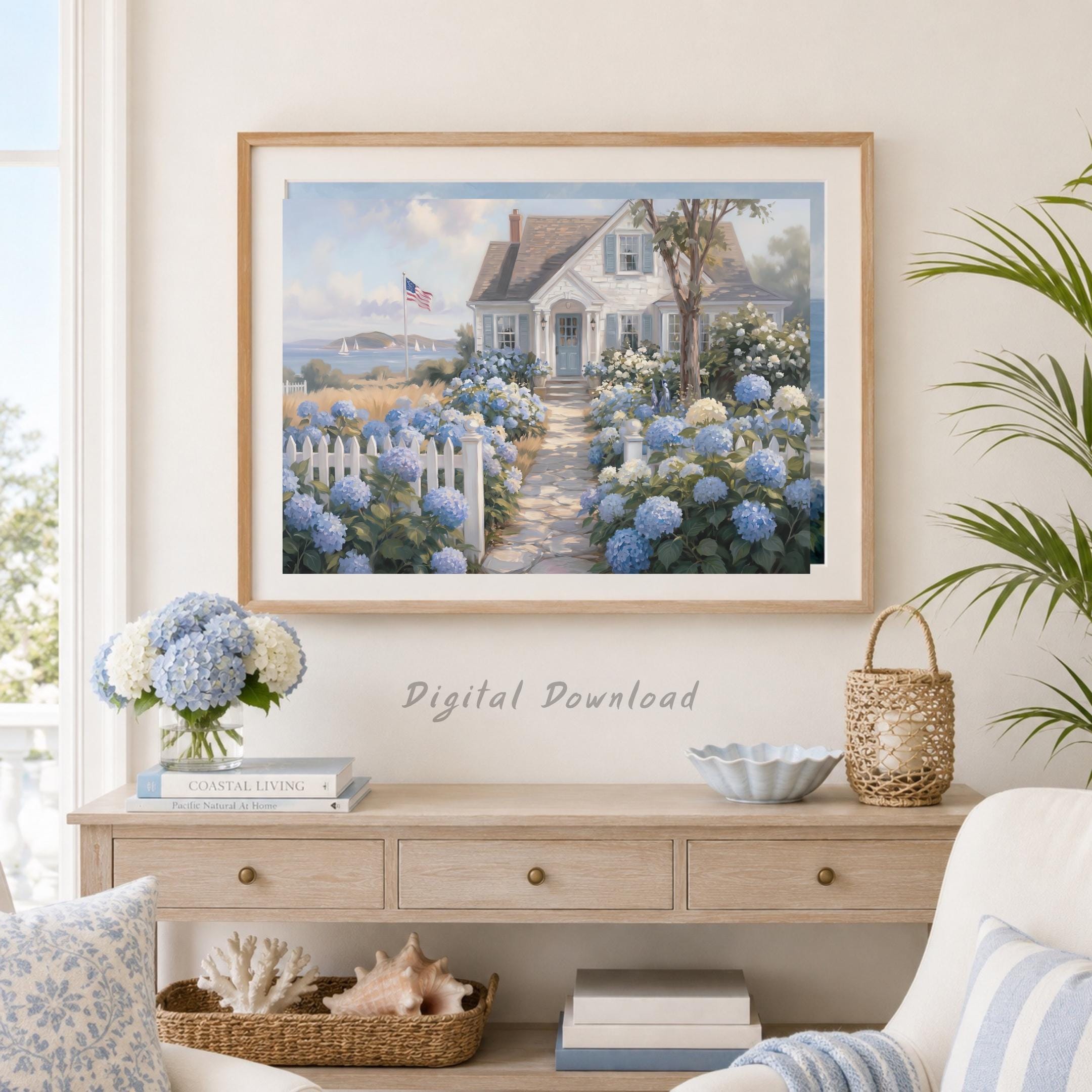 Patriotic Coastal Hydrangea Cottage Printable Wall Art, American Flag Beach Home Decor Digital Download — image 6