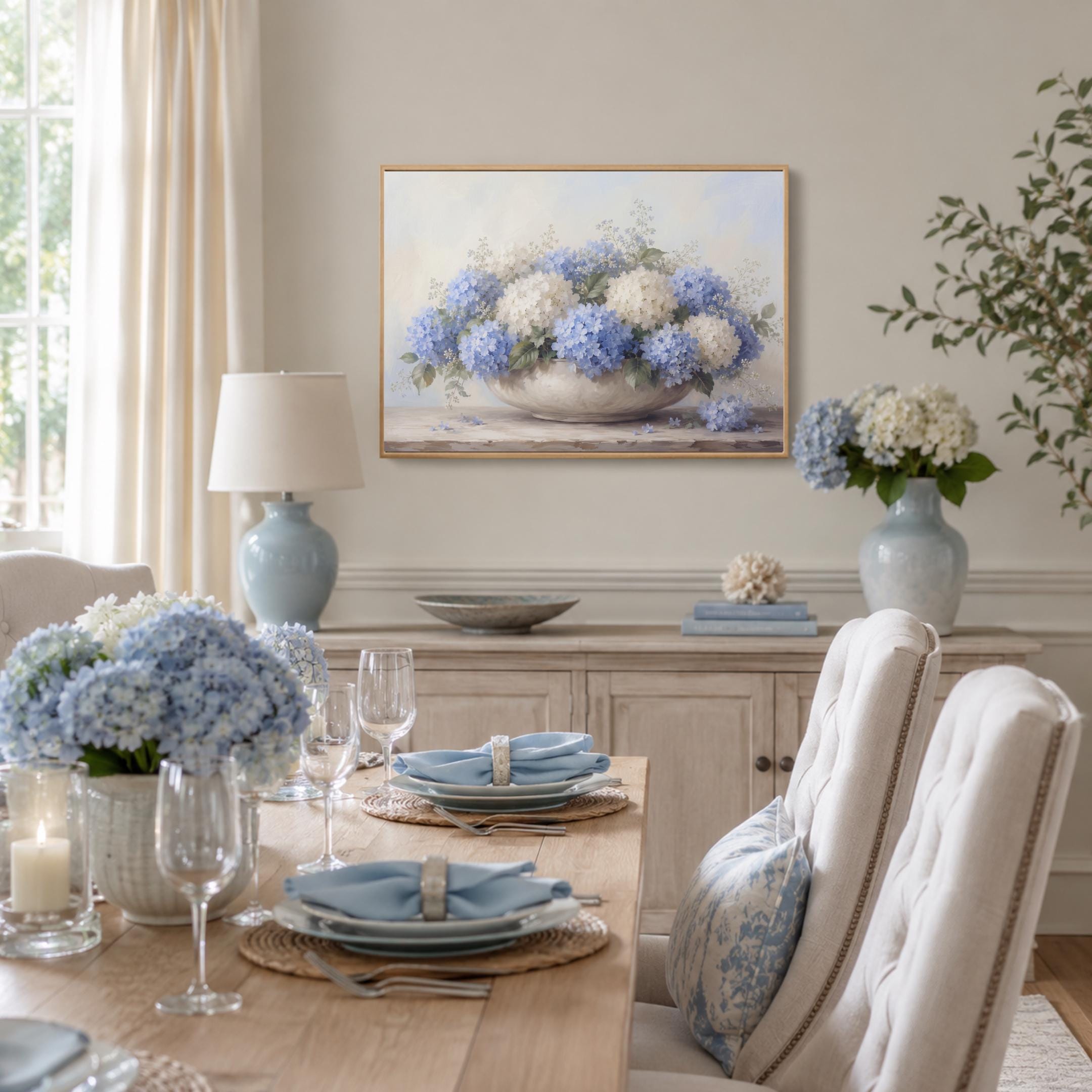 Blue Hydrangea Wall Art, Coastal Summer Neutral Floral Prints in Low Bowl (Digital Download) — image 3