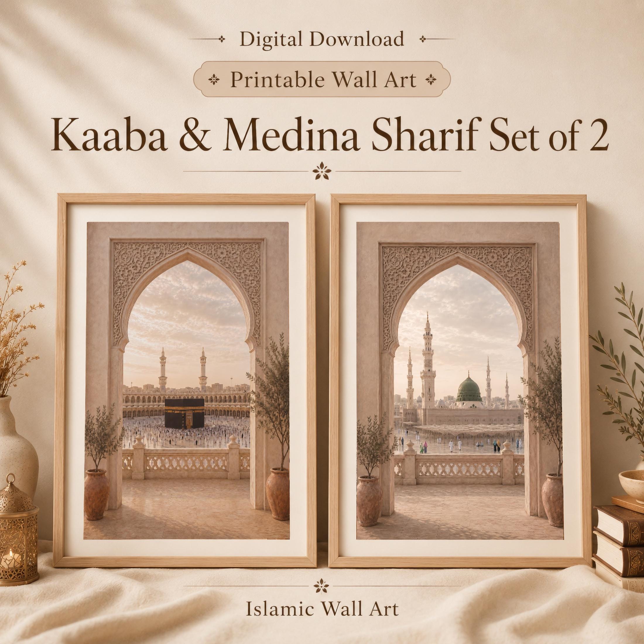 Kaaba & Medina through Ornamental Arches — Set of 2