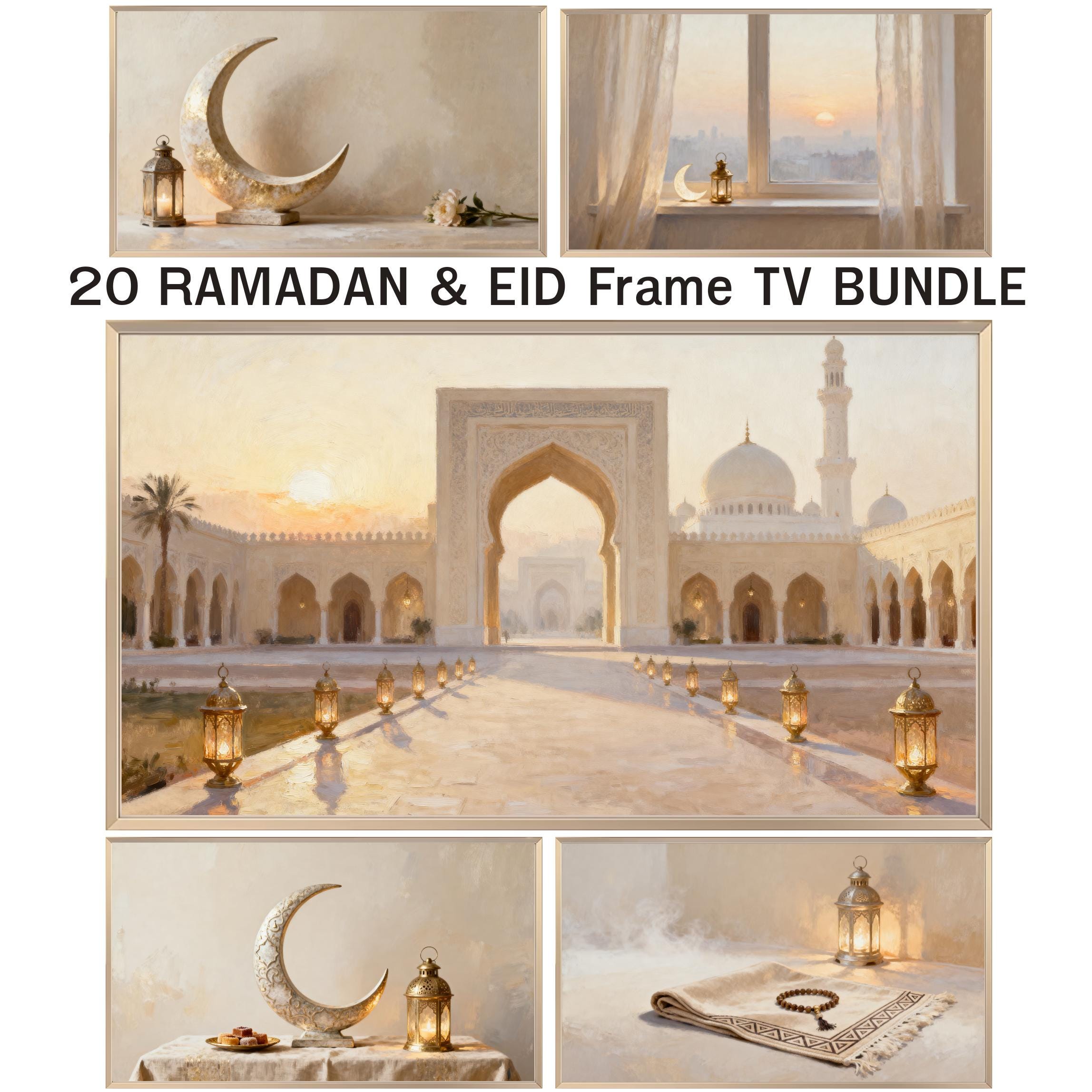 Islamic Frame TV Art Bundle 20 JPGs, Neutral Lantern Crescent Art | Digital Download — image 2