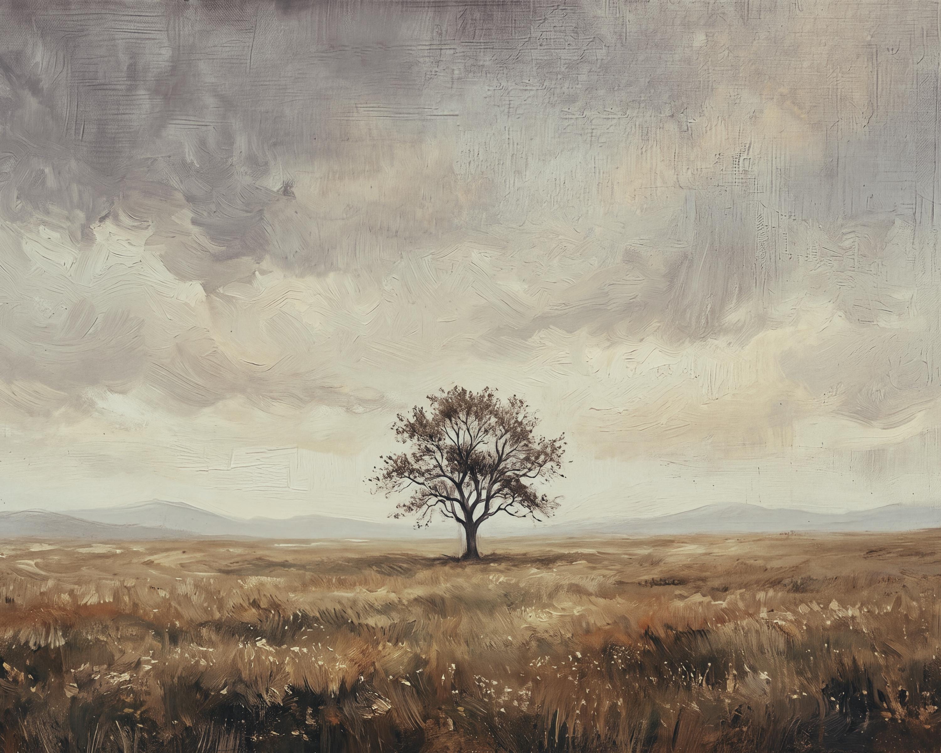 Solitary Tree Printable Wall Art, Vintage Meadow Landscape, Neutral Earthy Rustic Farmhouse Digital Download — image 2