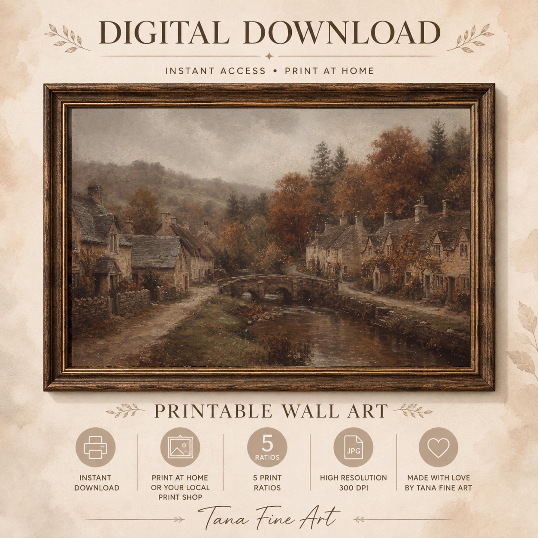 Cotswolds Fall Wall Art | English Cottage Village Print | Vintage Farmhouse Digital Download