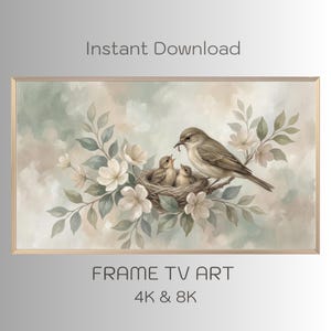Quadro decorativo para TV com imagem de mãe pássaro se alimentando | Decoração de parede com pássaros da primavera (Download digital em 4K e 8K)
