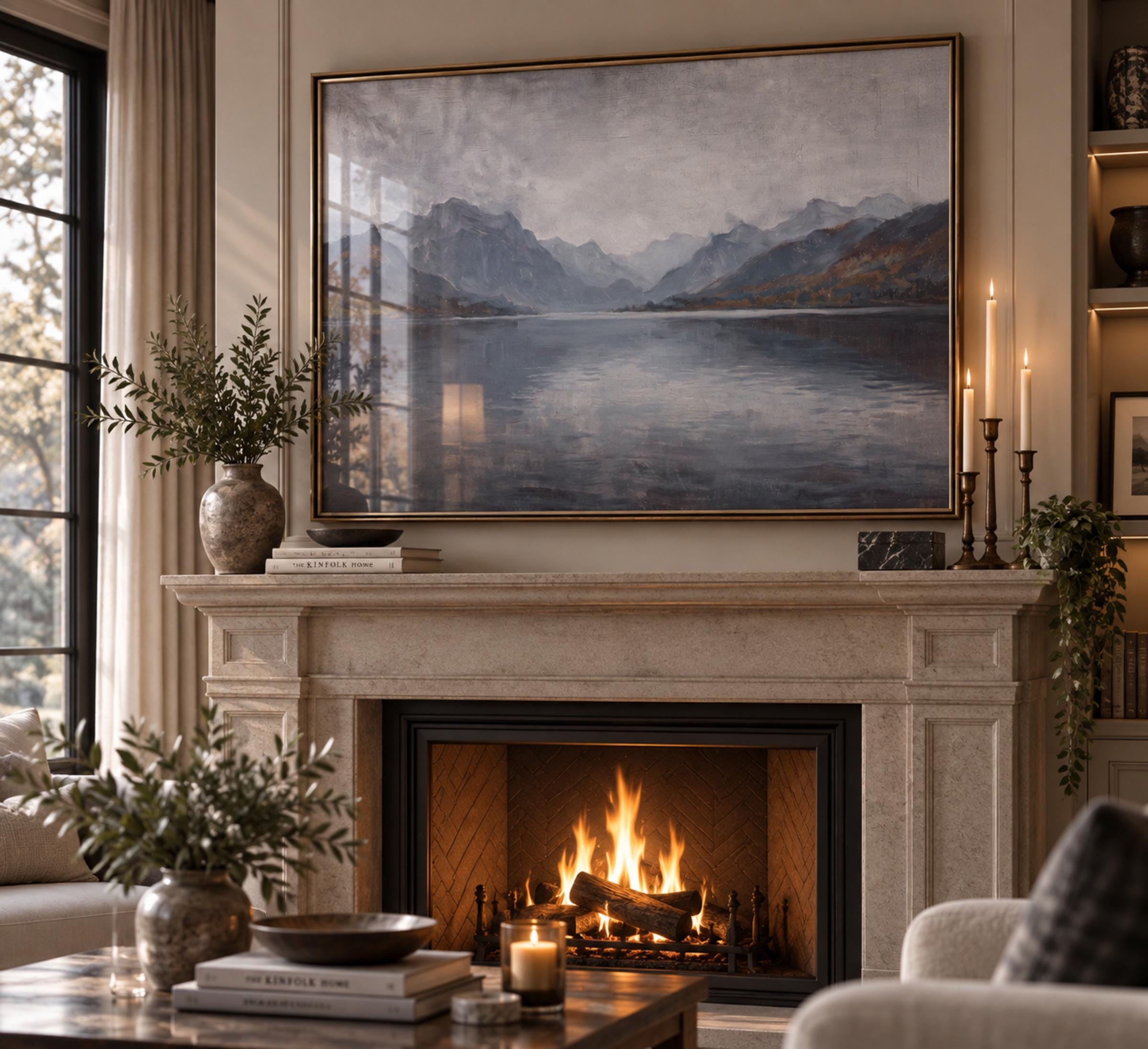Misty Mountain Lake Wall Art, Vintage Alpine Landscape, Moody Blue Gray Decor, Digital Download — image 3