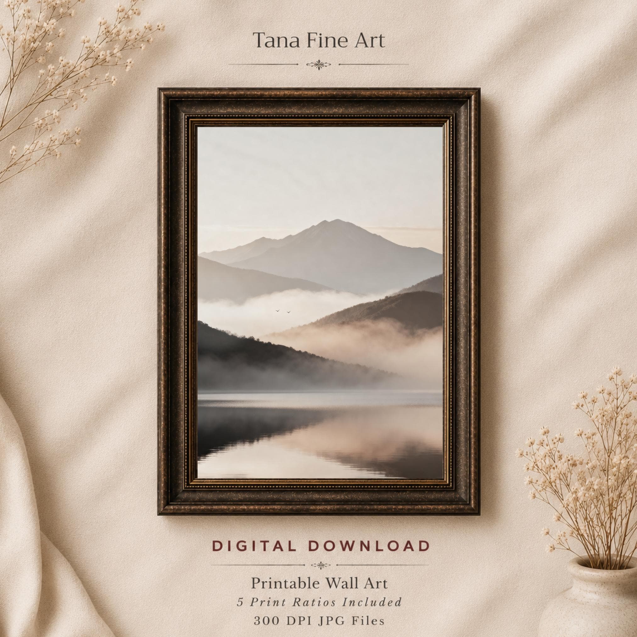 Misty Mountain Lake Printable Wall Art, Neutral Landscape Print, Serene Bedroom Decor Digital Download