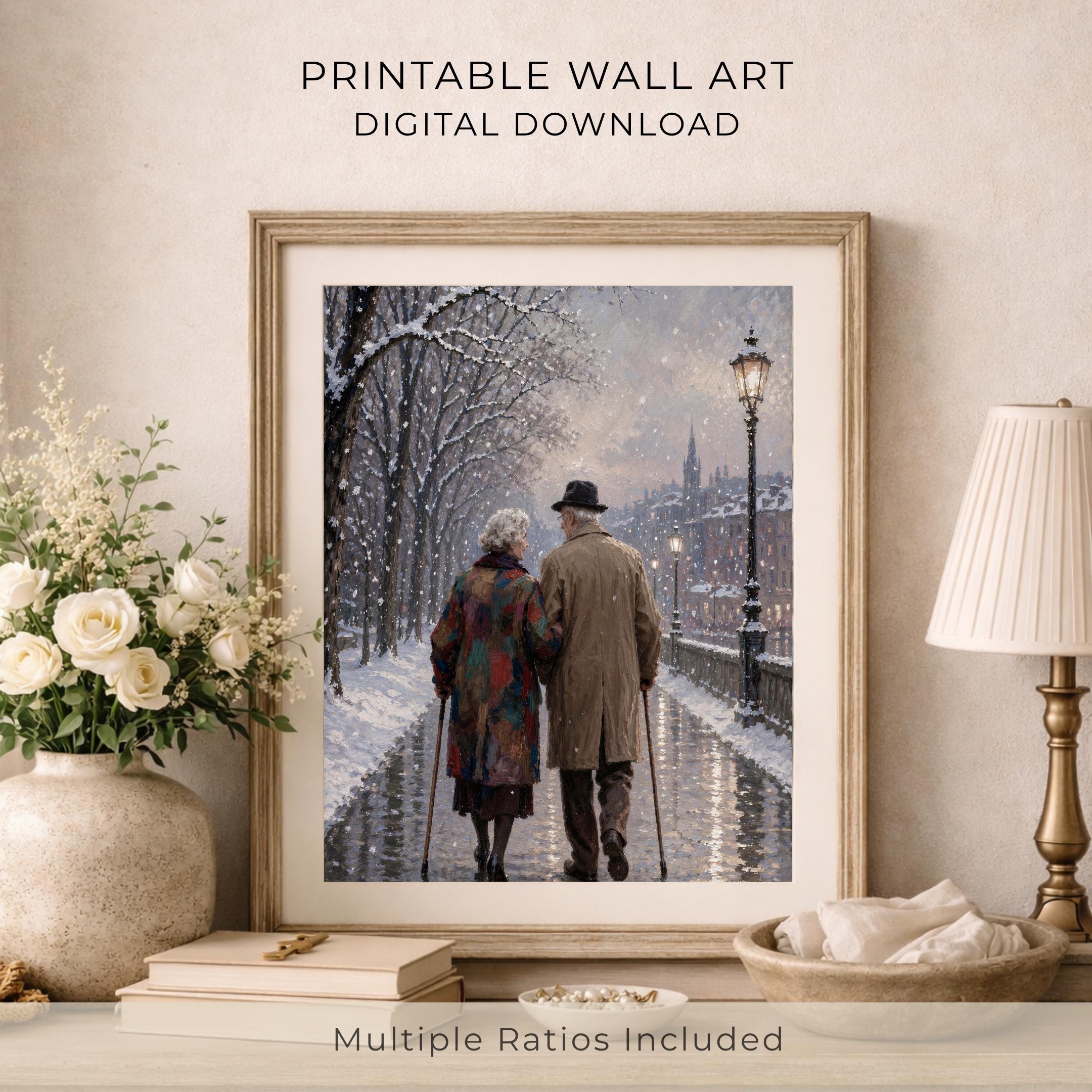 Elderly Couple Wall Art | Winter Love Print | Romantic City Printable Digital Download — image 5