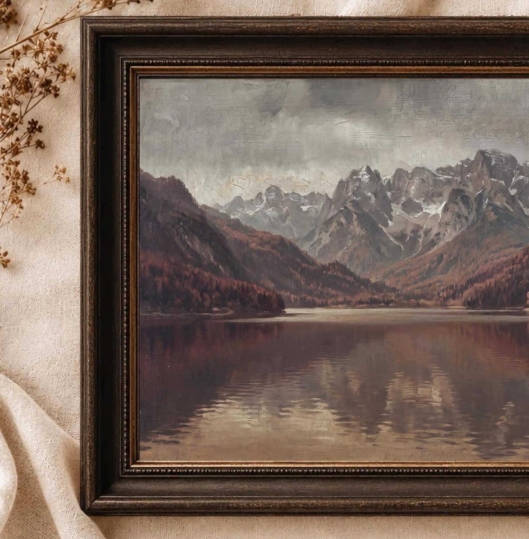 Vintage Fall Mountain Lake Printable Wall Art, Moody Alpine Landscape, Rustic Cabin Digital Download — image 2