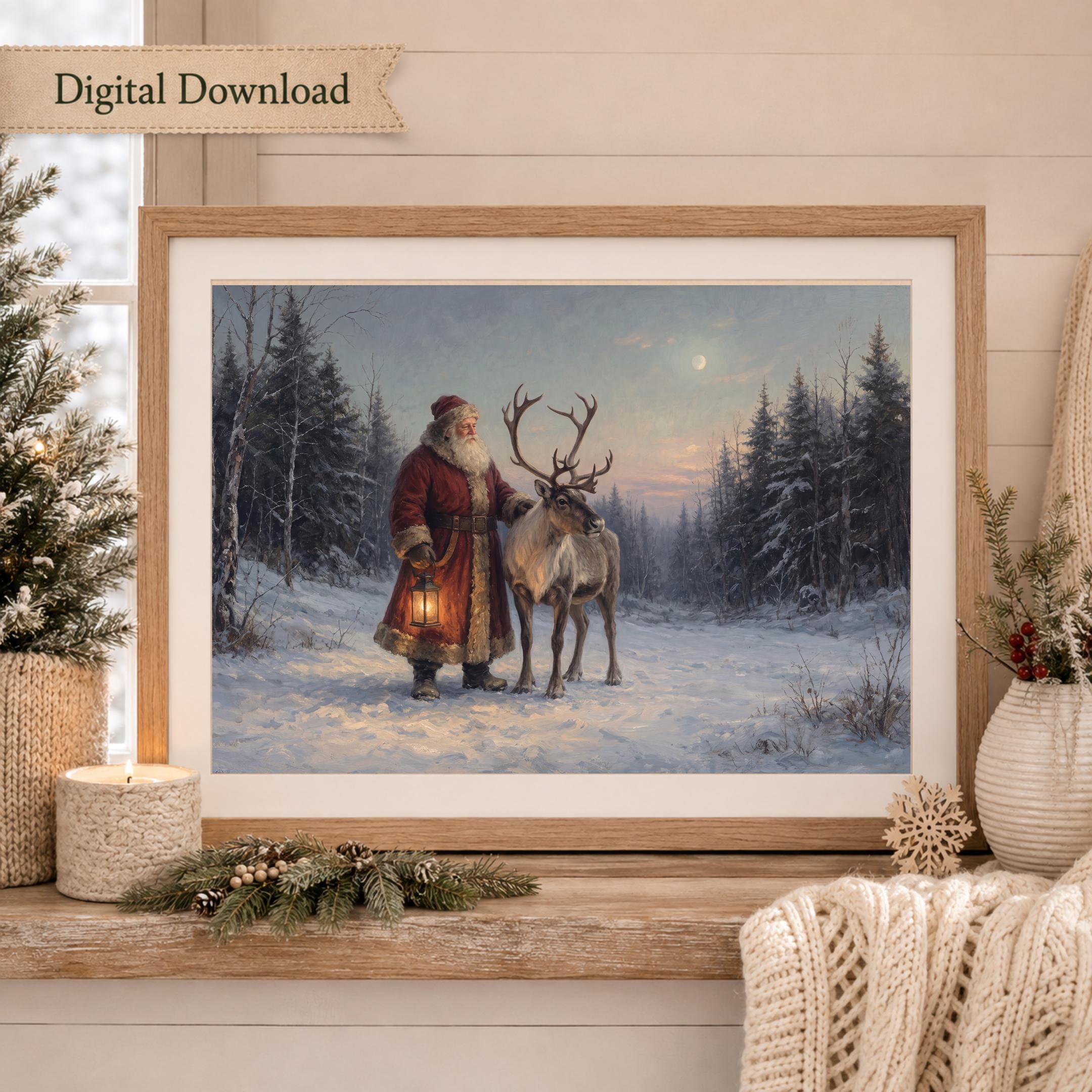 Vintage Santa Wall Art | Santa and Reindeer Christmas Print | Winter Landscape Printable Digital Download — image 5