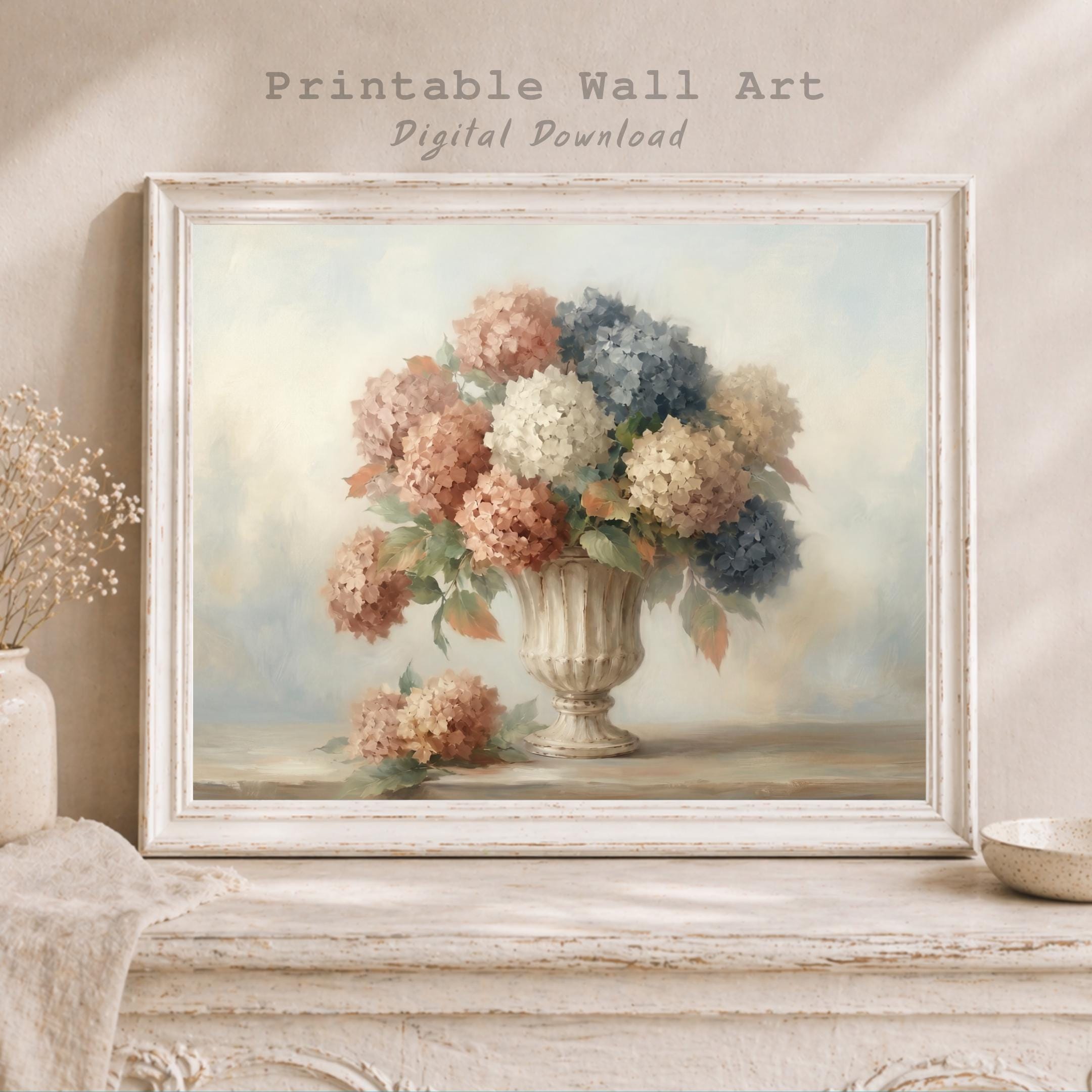 Fall Hydrangea Wall Art, Neutral Floral Prints, French Urn Cottage Decor (Digital Download) — image 3