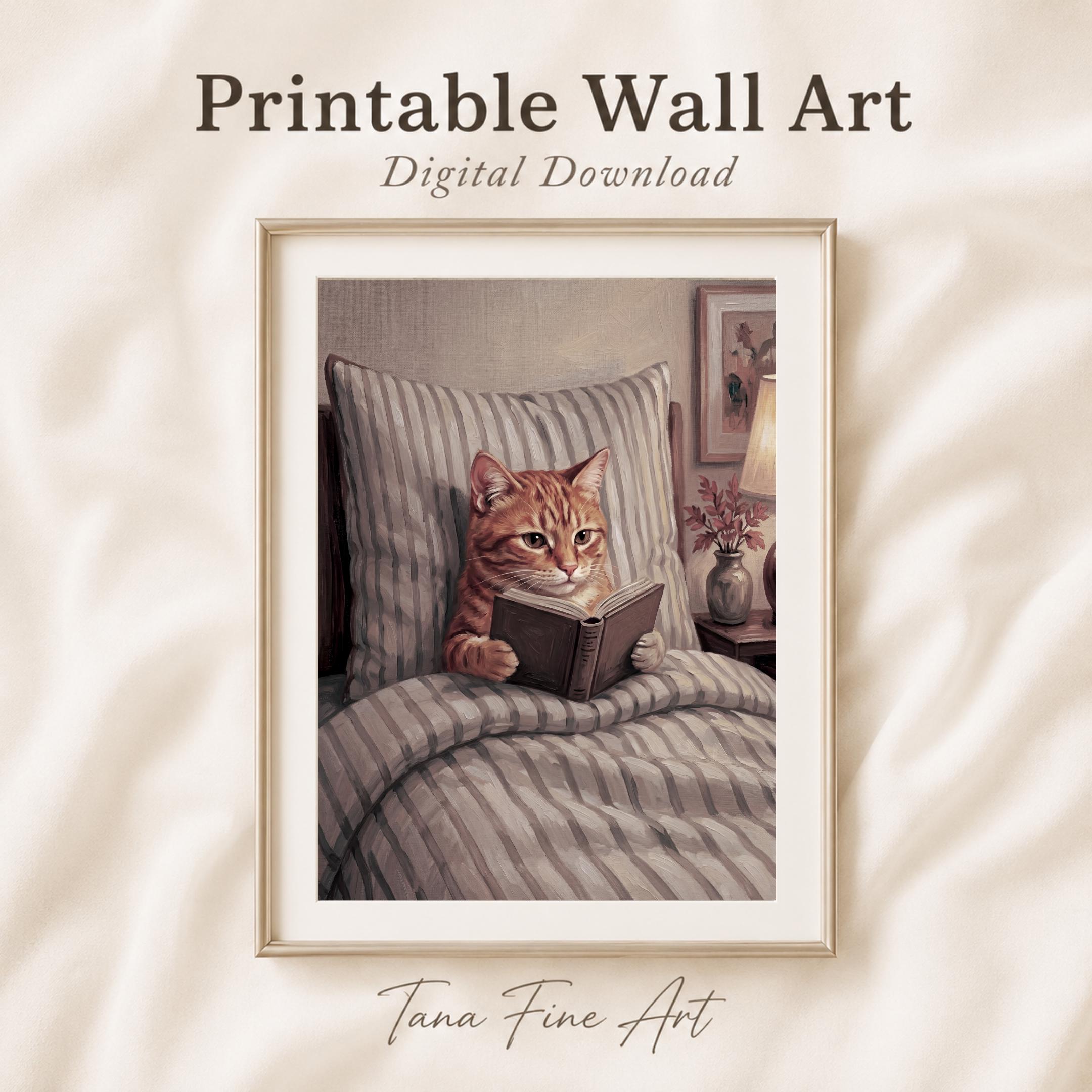 Orange Tabby Cat Reading Art, Cozy Nursery Print, Kids Bedroom Decor (Digital Download)