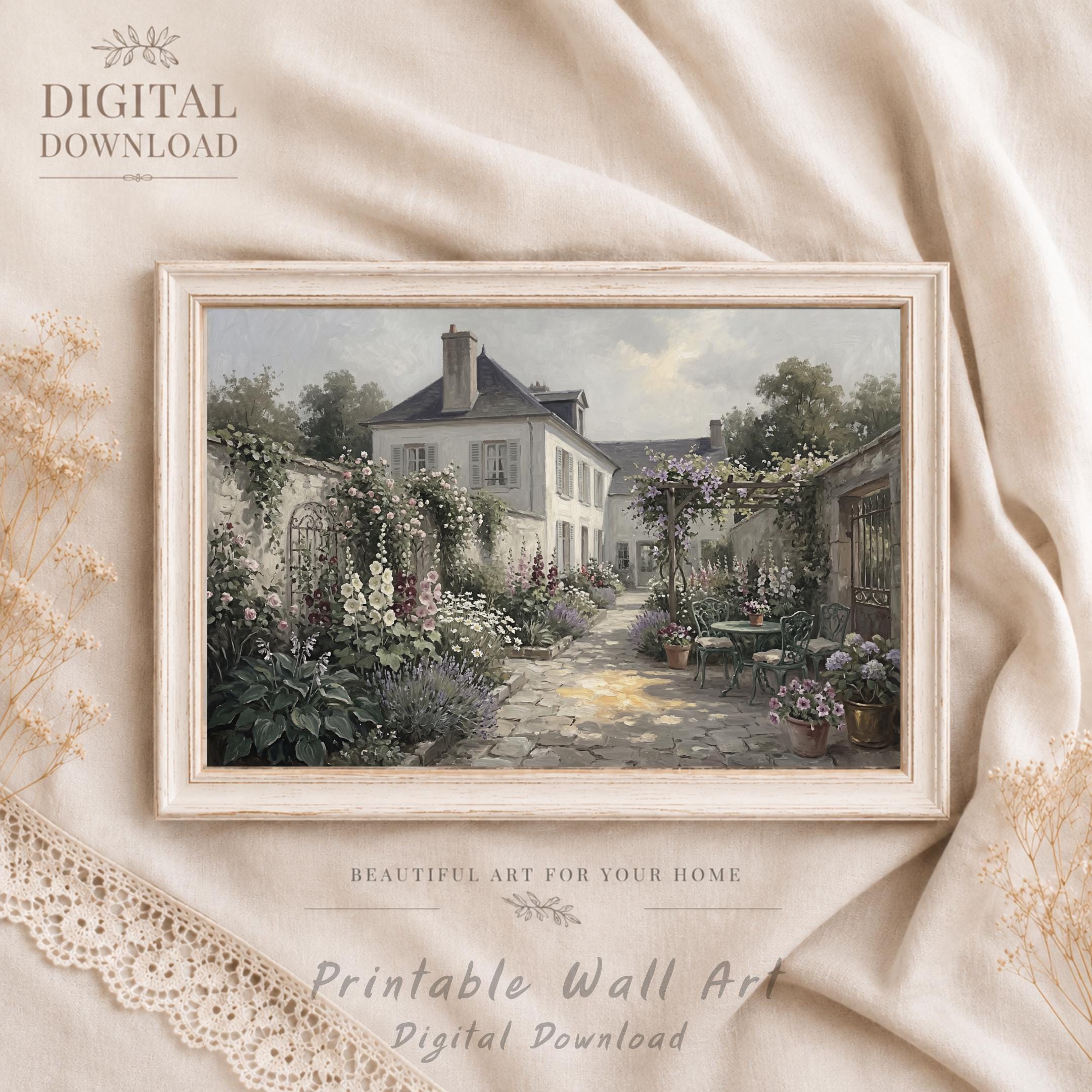 French Courtyard Garden Wall Art, Cottagecore Floral Patio Romantic Home Decor Digital Download