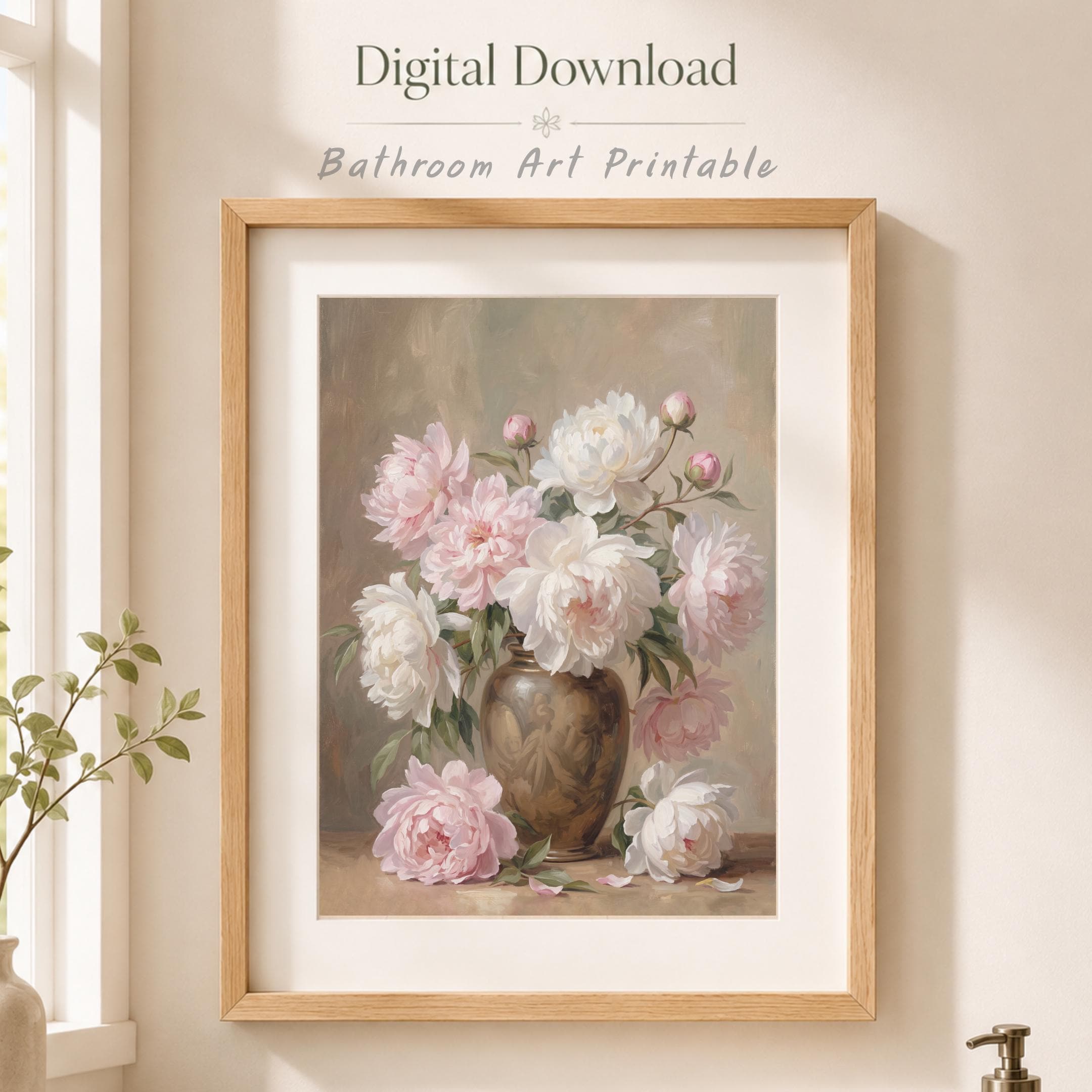 Pink White Peony Vase Printable Wall Art, Vintage Floral Cottage Home Decor Digital Download — image 8