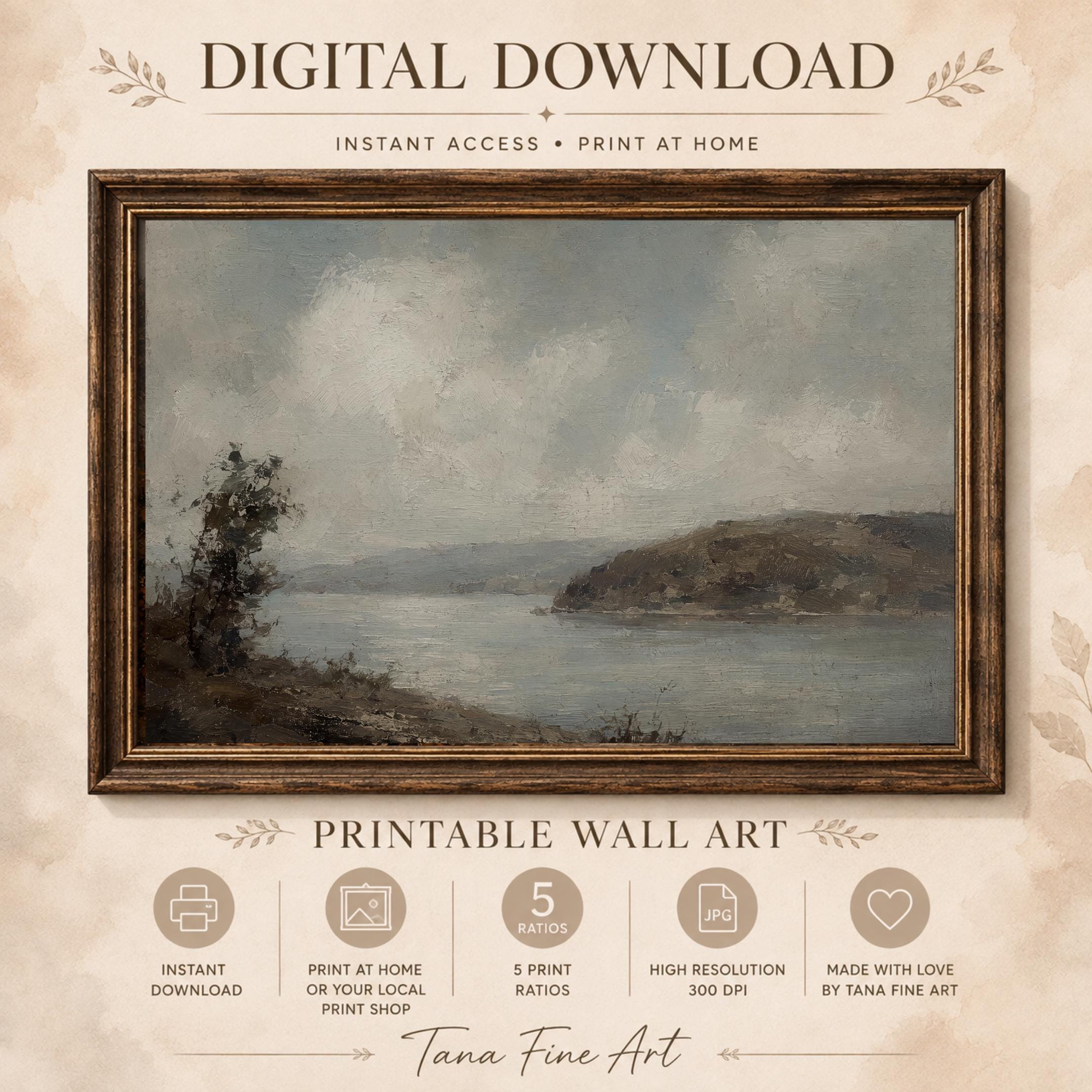 Vintage Lake Landscape Wall Art | Rustic Coastal Nature Print | Moody Painting Digital Download — image 8