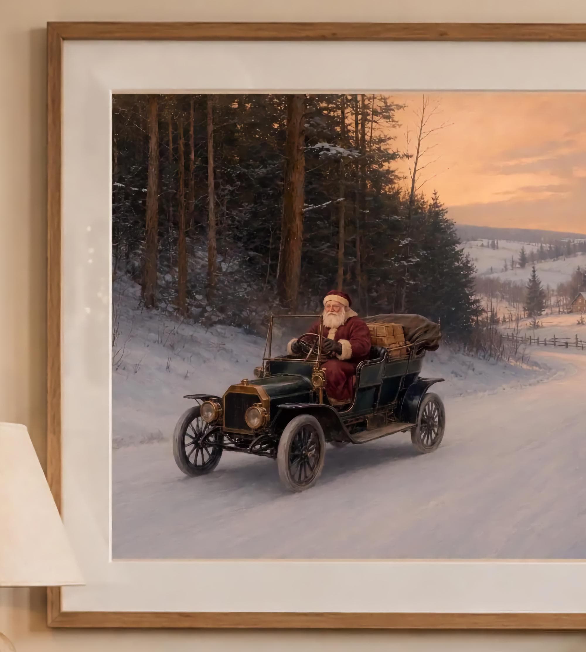Vintage Santa Driving Car Printable Wall Art, Nostalgic Christmas Digital Download — image 2