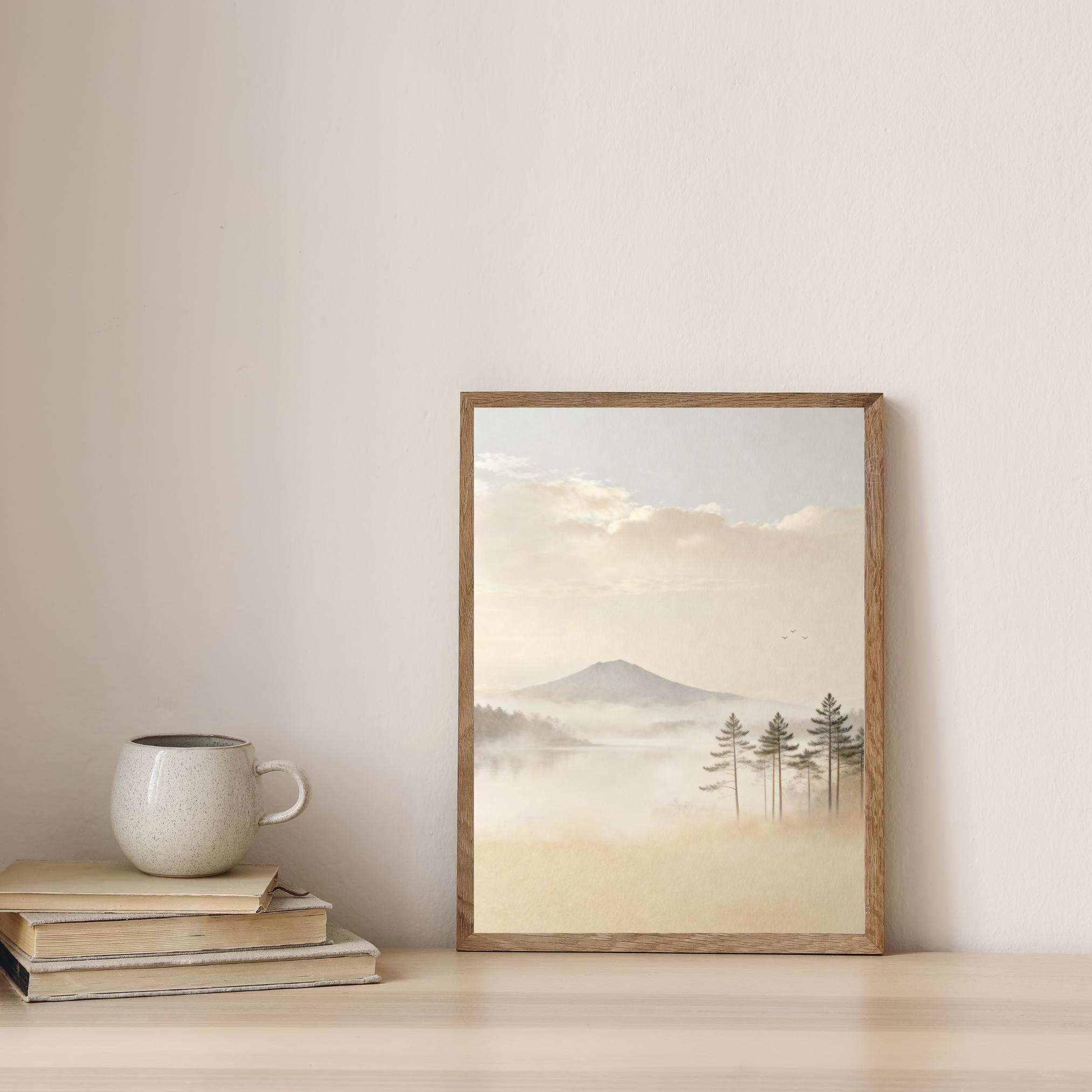 Neutral Mountain Lake Printable Wall Art, Misty Pine Forest, Japandi Decor Digital Download — image 5