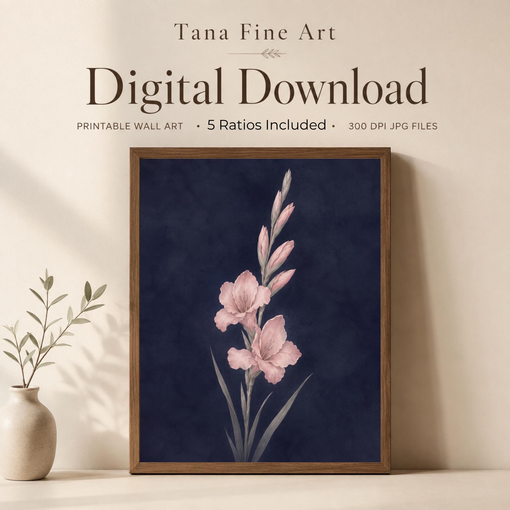 Moody August Birth Flower Print | Gladiolus Wall Art | Dark Botanical Digital Download