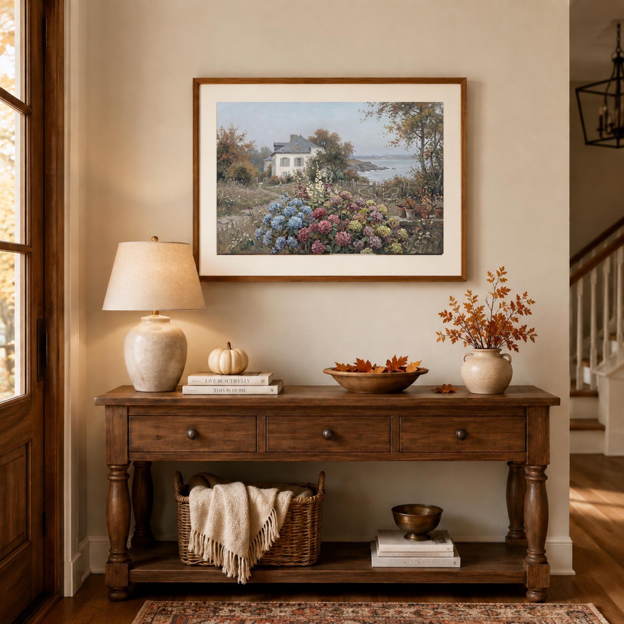 Coastal Cottage Garden Wall Art, Hydrangea Seaside Floral Landscape Print, Vintage Coastal (Digital Download) — image 3