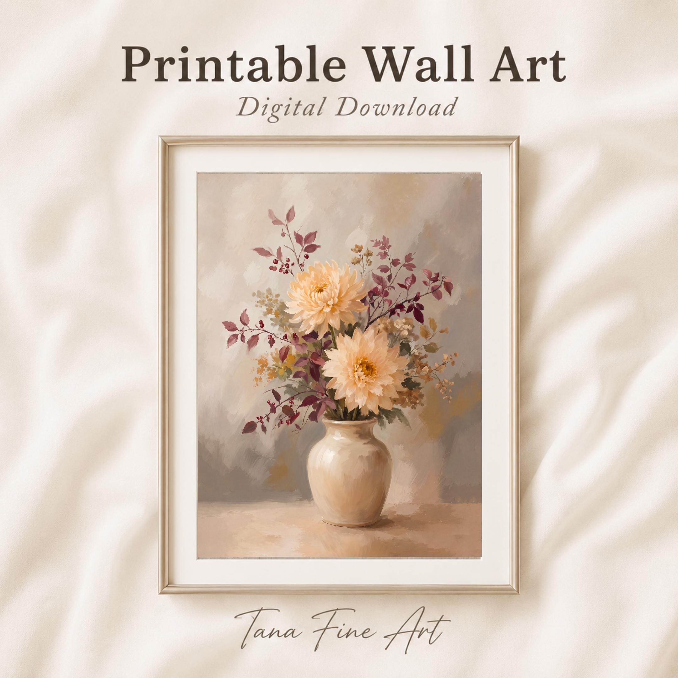 Autumn Dahlia Wall Art, Cream Floral, Neutral Fall Flower Painting, Vintage Farmhouse (Digital Download) — image 7