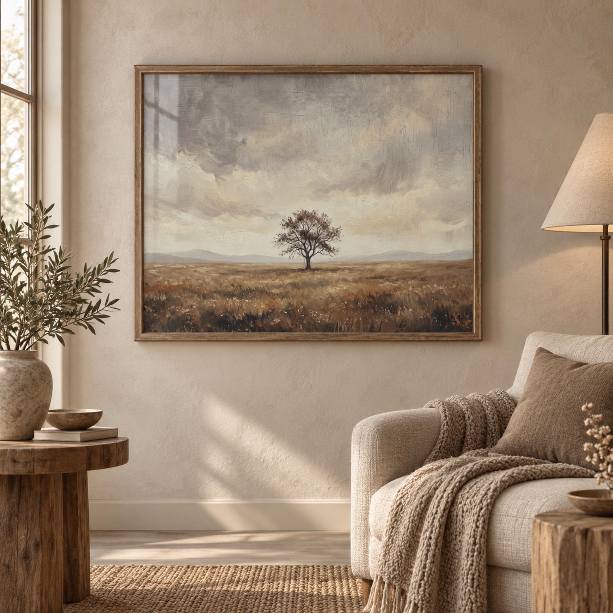 Solitary Tree Printable Wall Art, Vintage Meadow Landscape, Neutral Earthy Rustic Farmhouse Digital Download — image 5