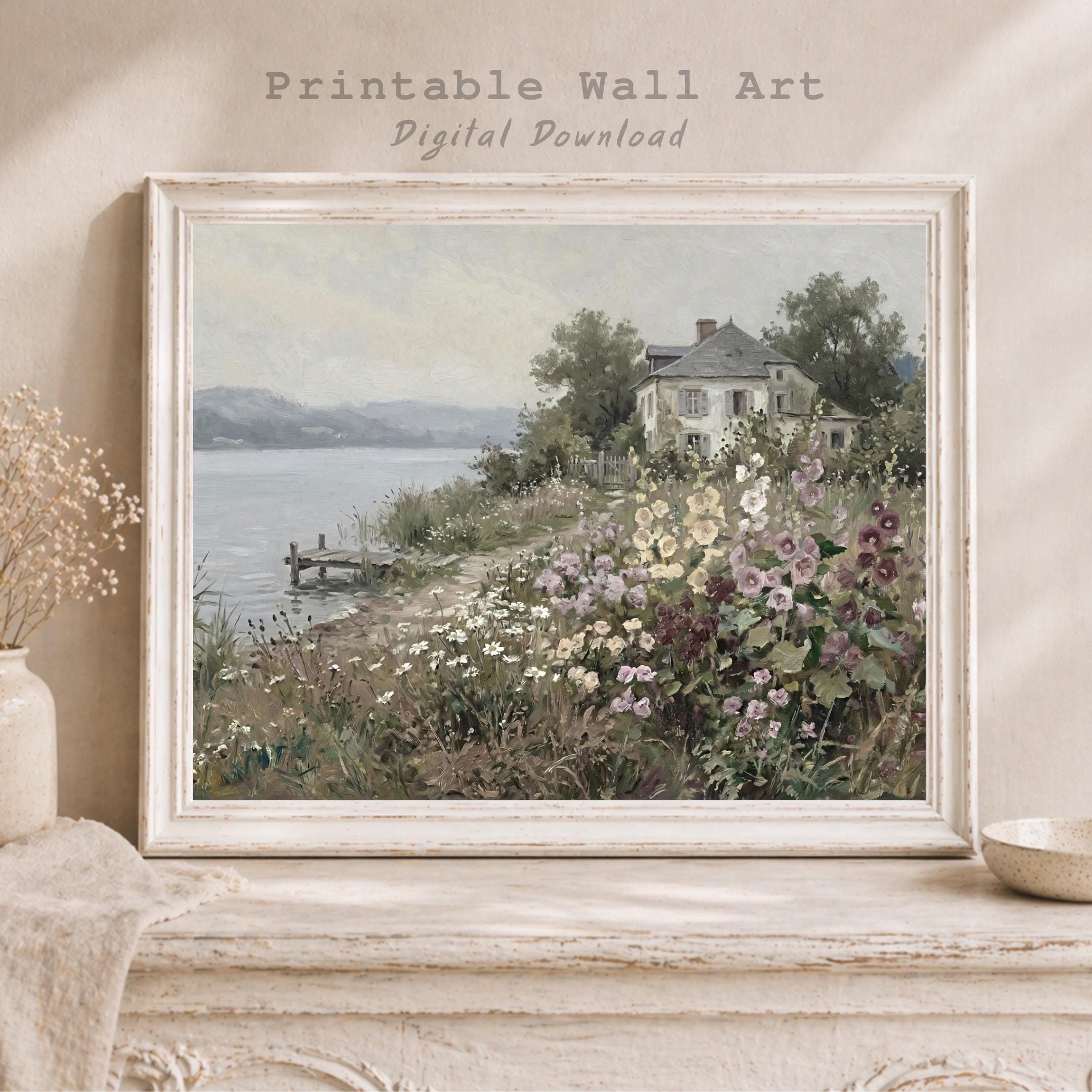 Vintage Cottage English Garden Wall Art, Lakeside Floral Landscape Print, Farmhouse Decor (Digital Download) — image 9