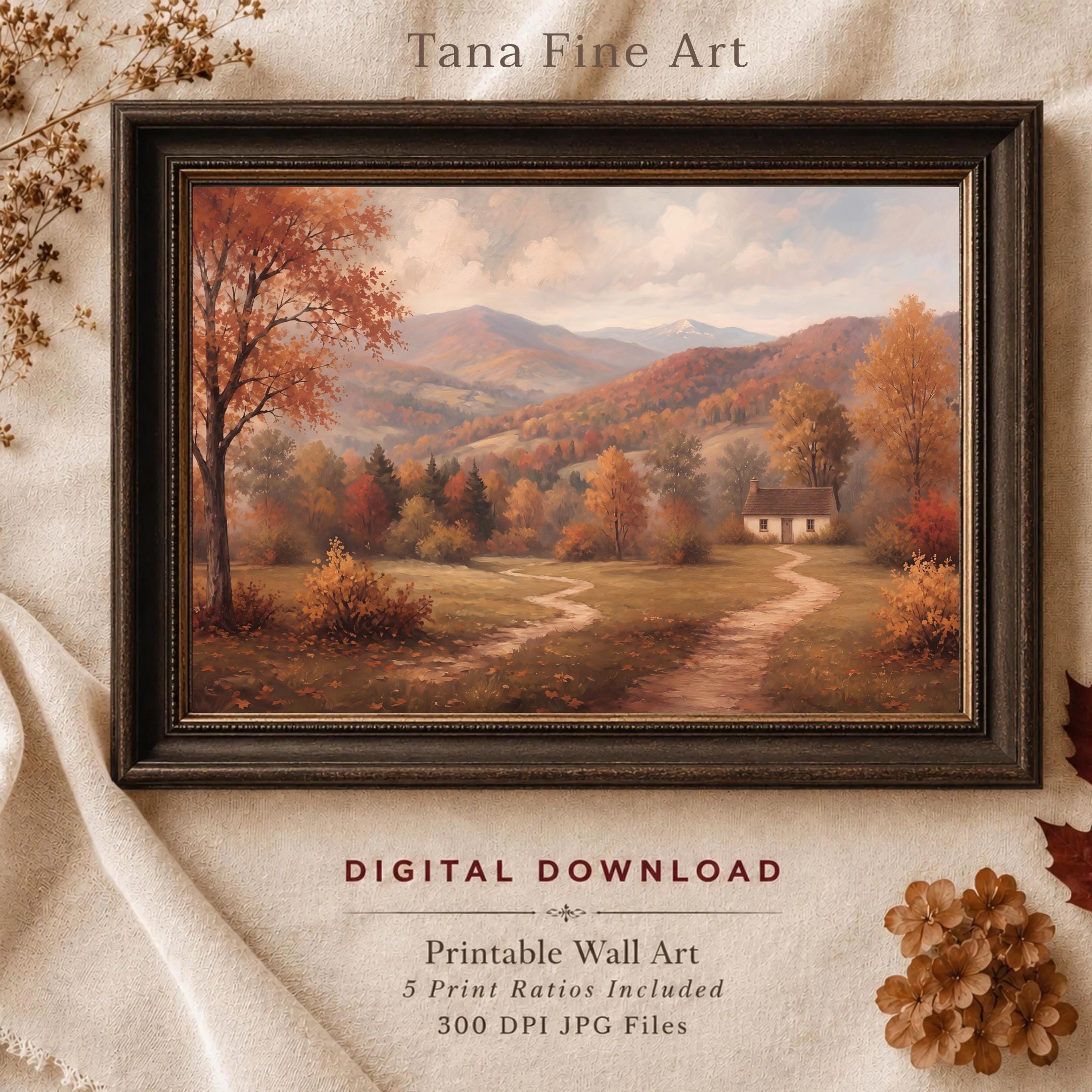 Autumn Cottage Landscape Wall Art | Fall Mountain Print | Vintage Farmhouse Digital Download