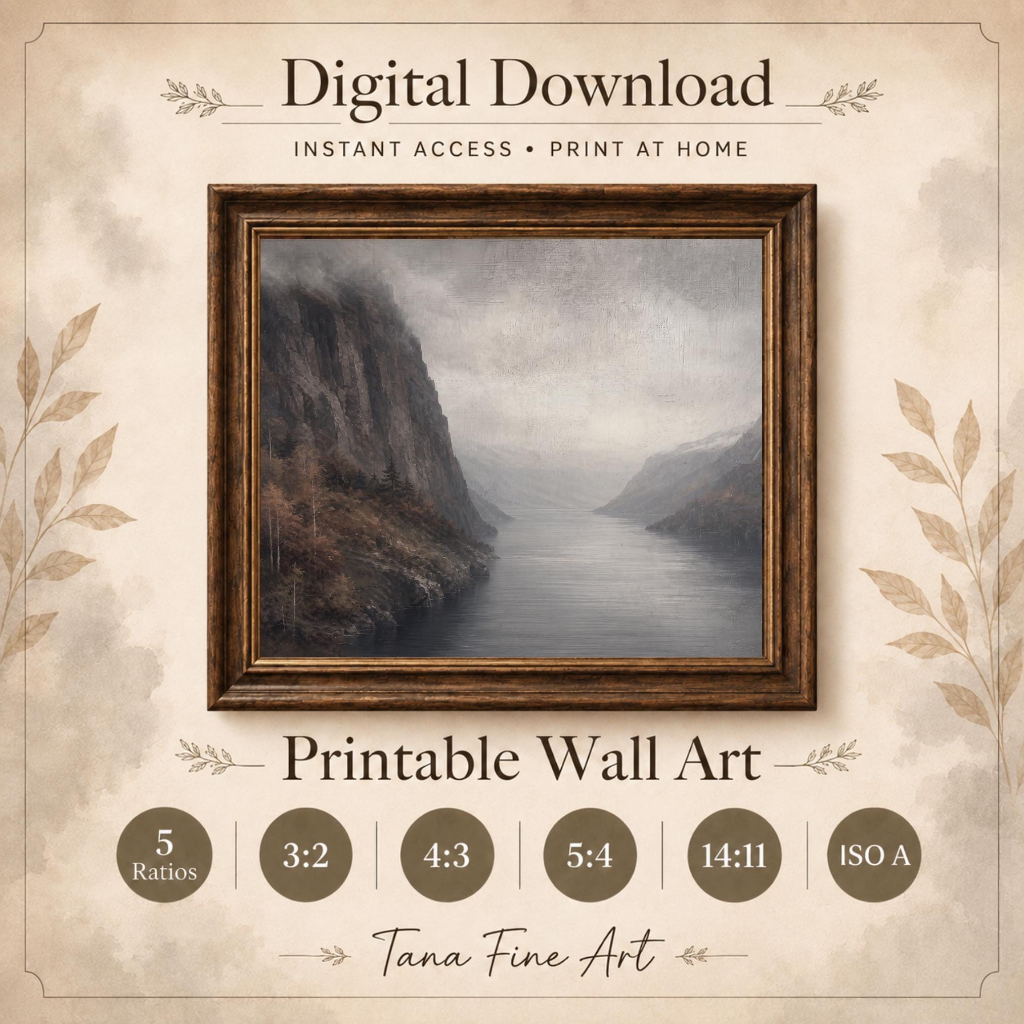 Moody Mountain Lake Printable Wall Art, Autumn Landscape Painting, Rustic Decor Digital Download — image 6